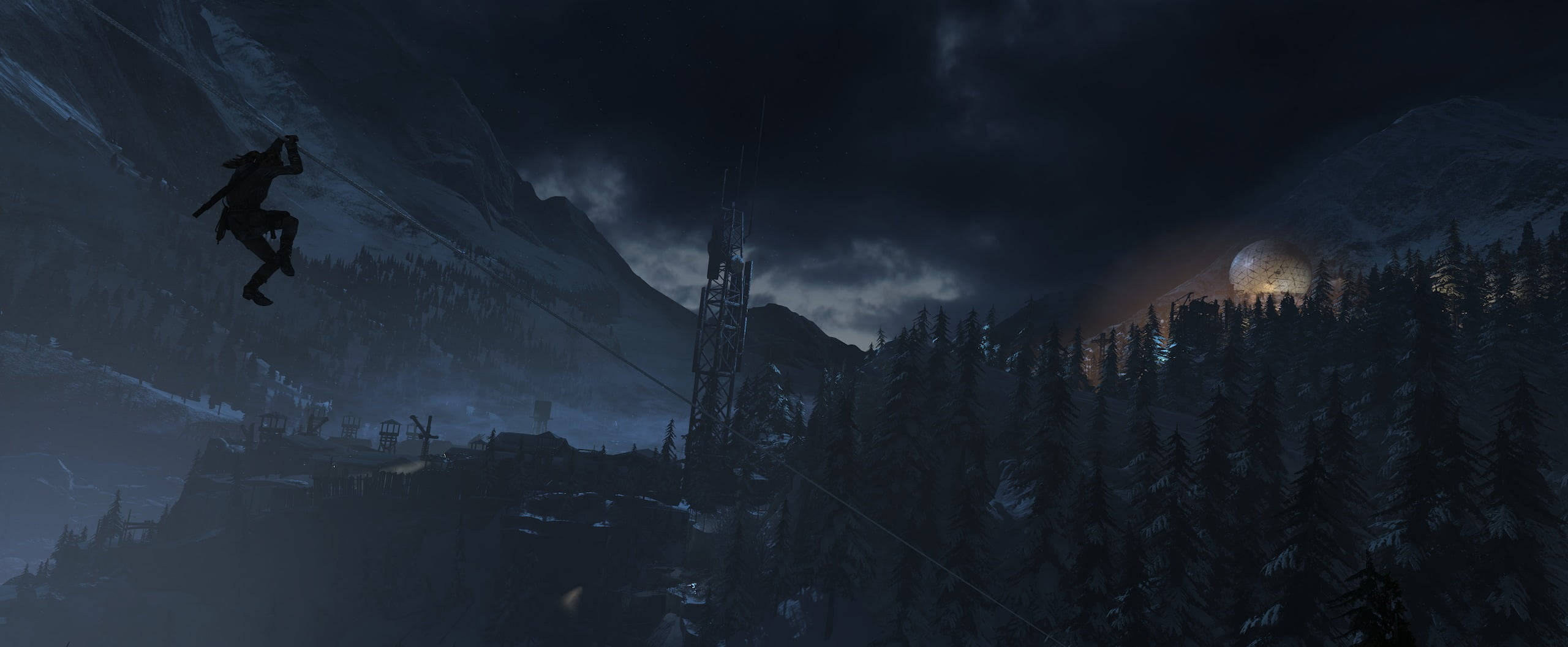 Rise Of The Tomb Raider, zip line, snowy mountain, 2K Desktop Wallpaper