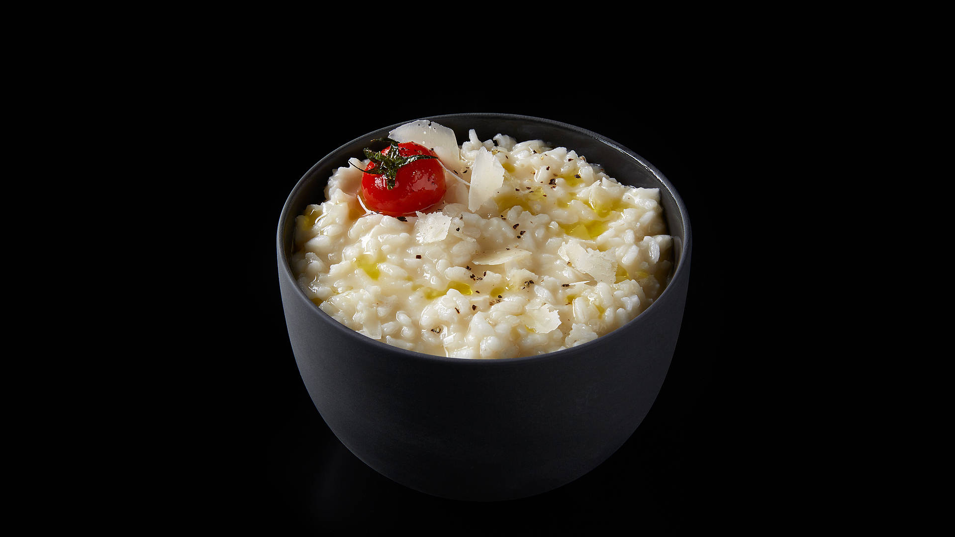 risotto, matte black bowl, cherry tomato, Full HD Desktop Wallpaper