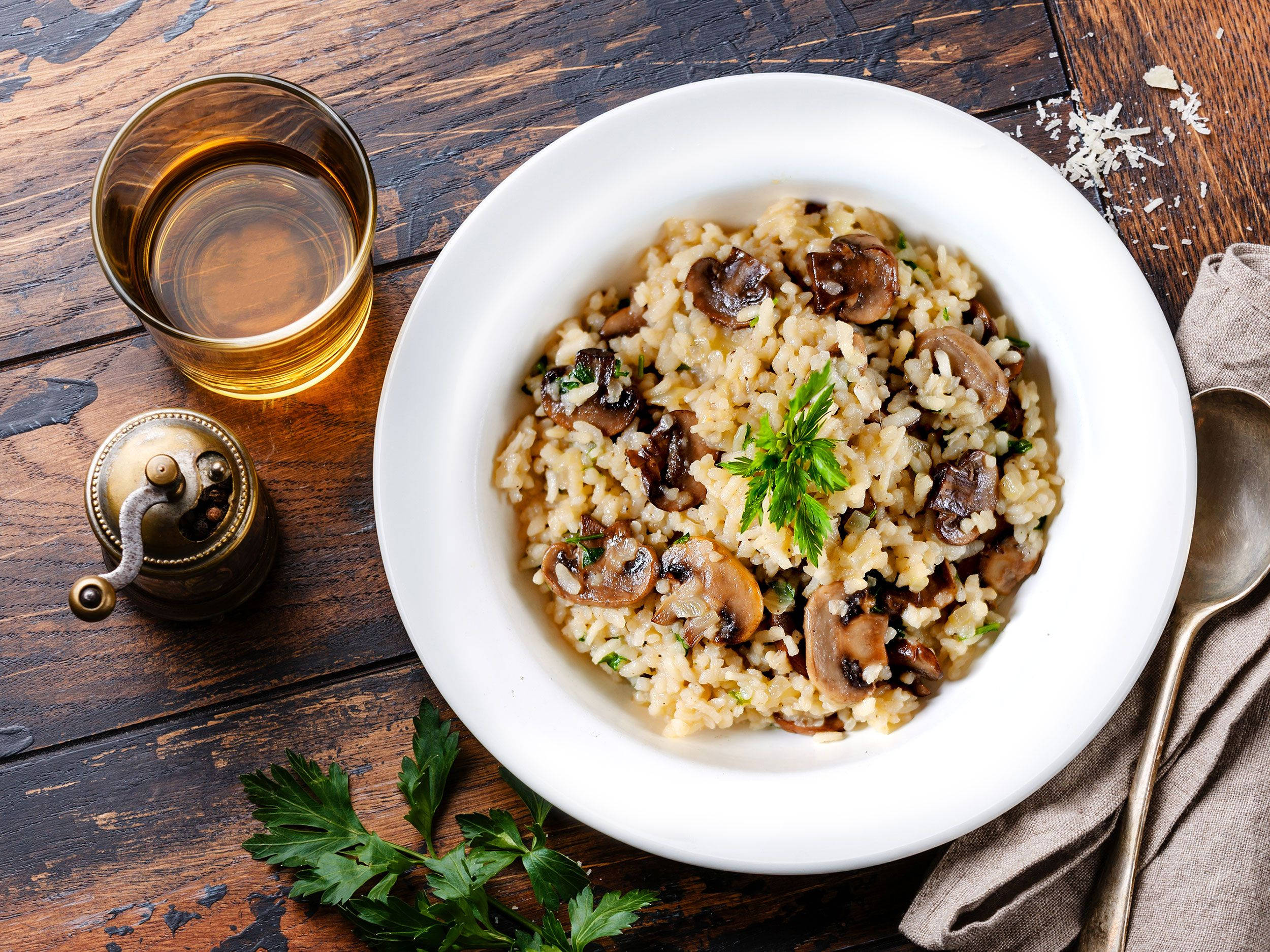 mushroom risotto, white bowl, parsley, Full HD Desktop Wallpaper