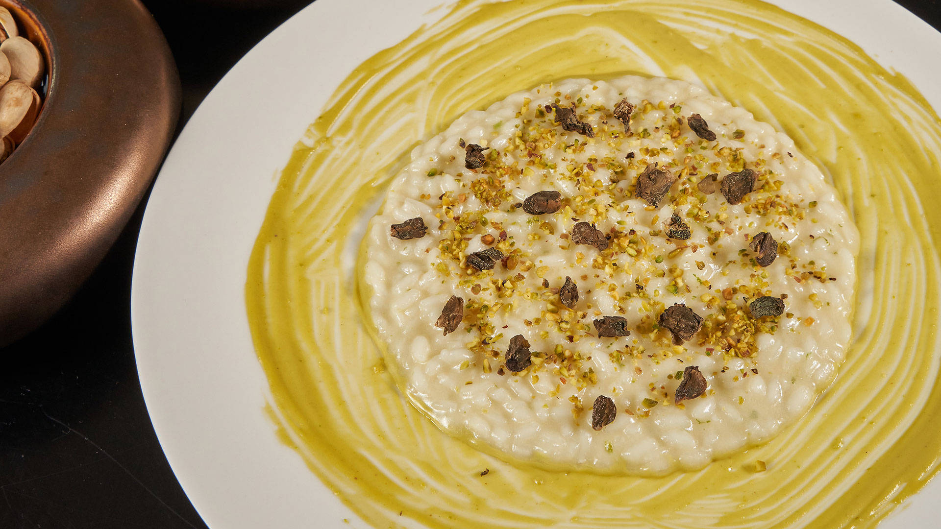 risotto, truffle garlic, pistachios, Full HD Desktop Wallpaper