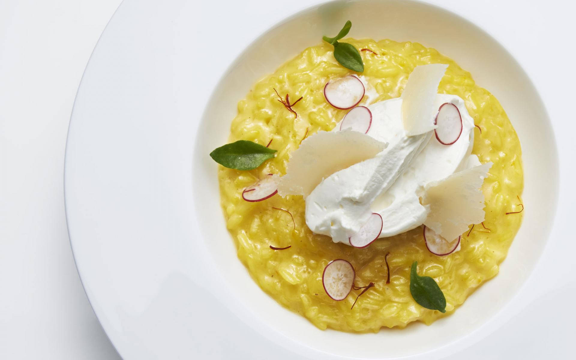 Risotto, creamy yellow, white bowl, Full HD Desktop Wallpaper