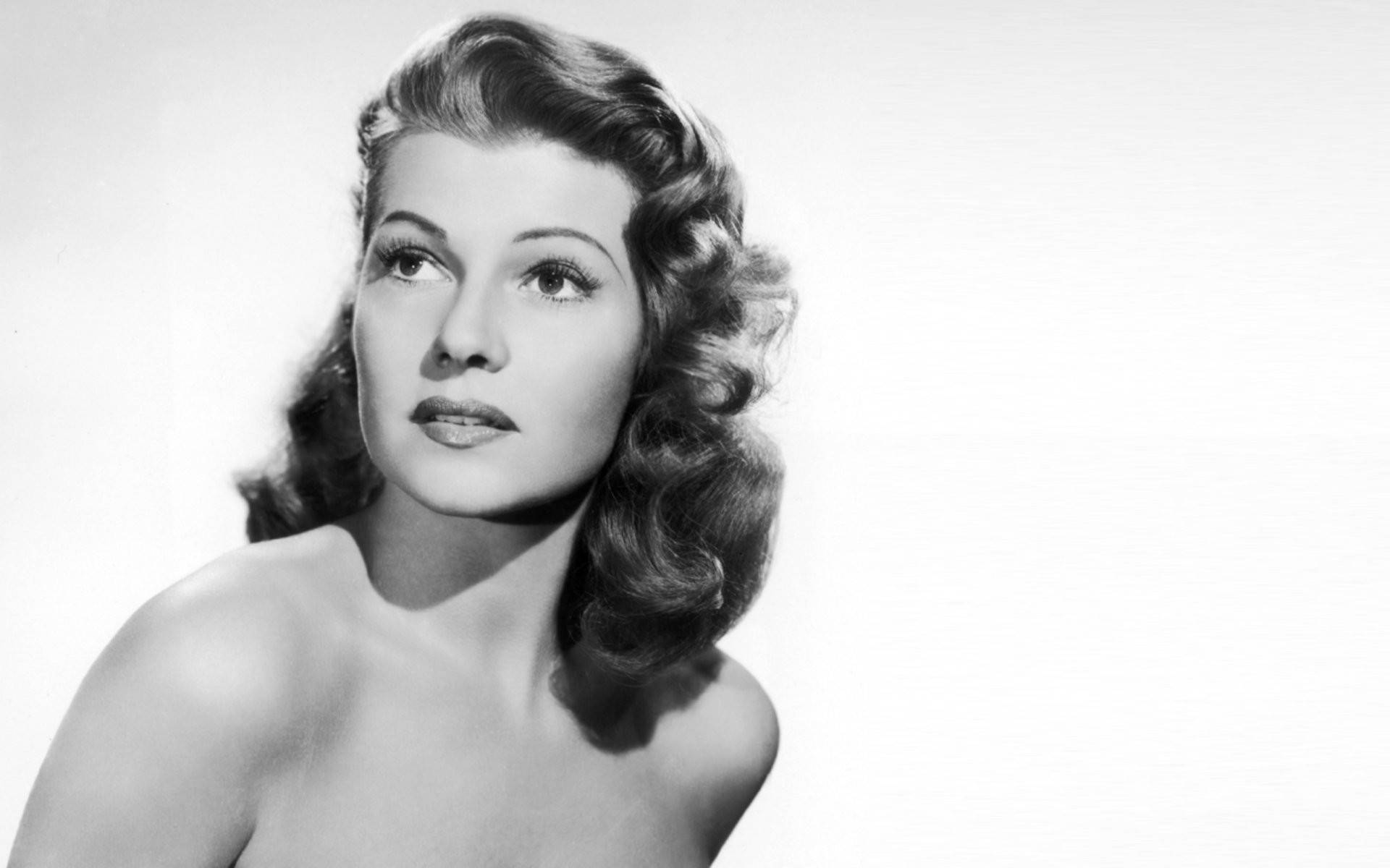 Rita Hayworth, black and white portrait, voluminous curls, Full HD Desktop Wallpaper