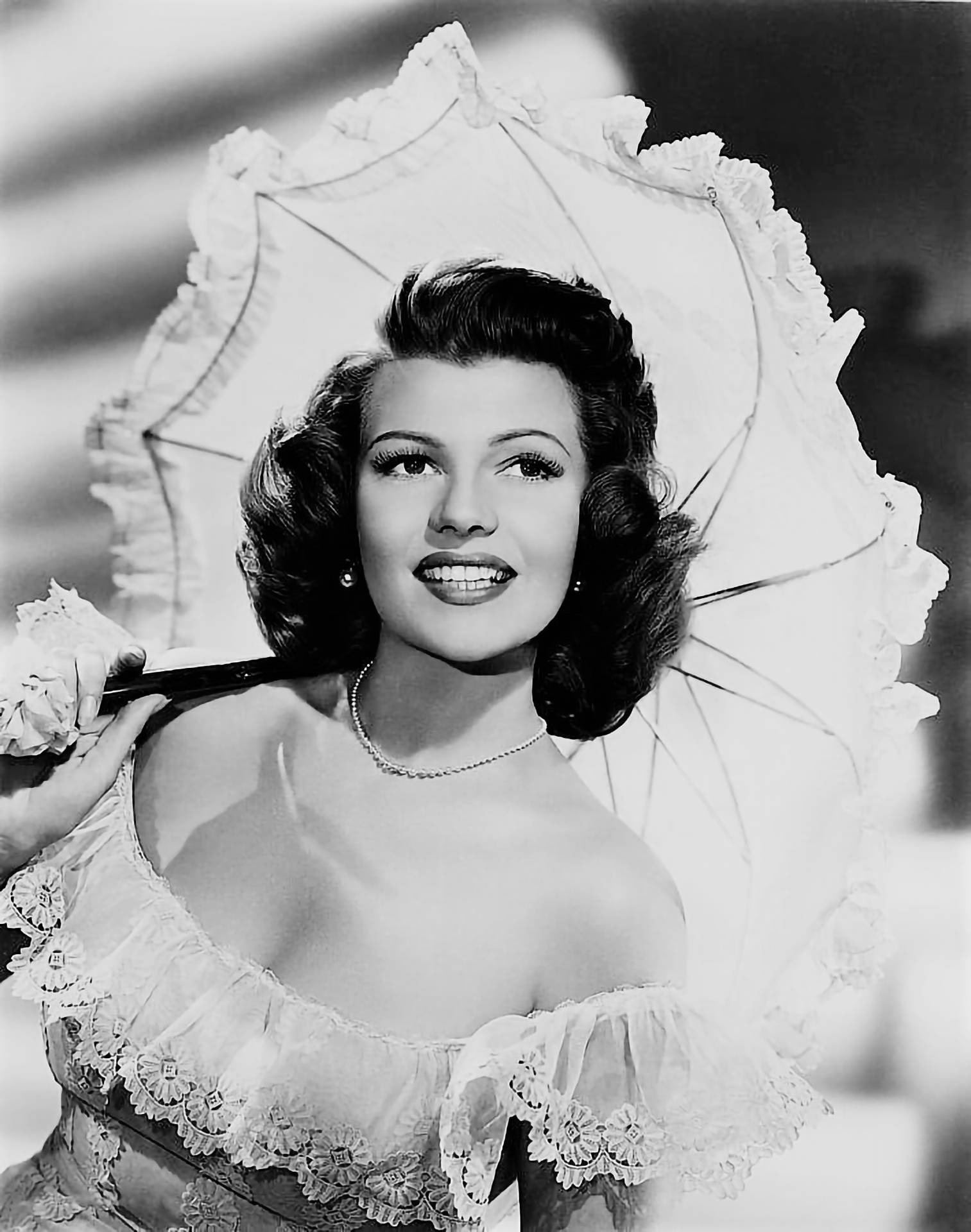 Rita Hayworth, lace dress, white parasol, Full HD Phone Wallpaper