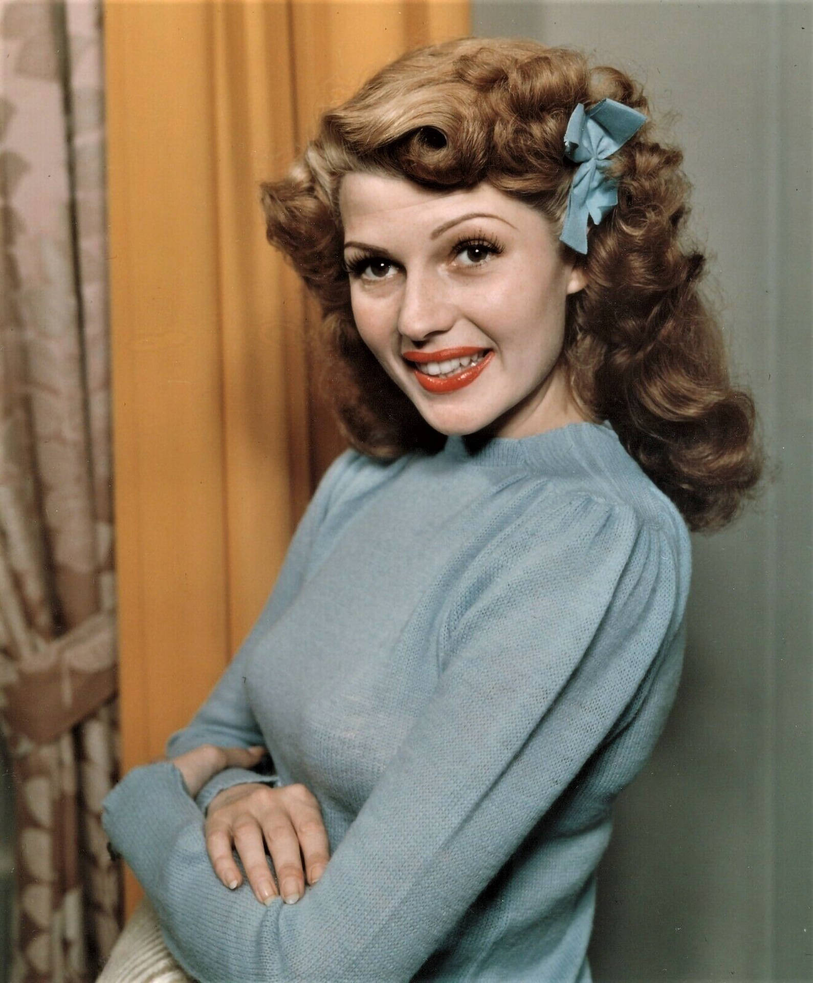Rita Hayworth, sweet blue ribbon, curled brown hair, Full HD Phone Wallpaper
