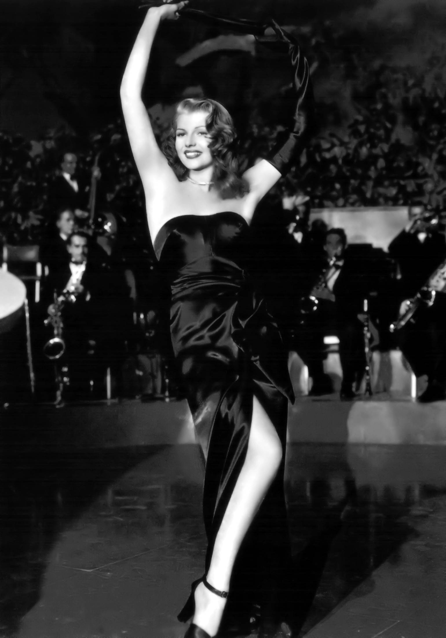 Rita Hayworth, black satin gown, stage, Full HD Phone Wallpaper