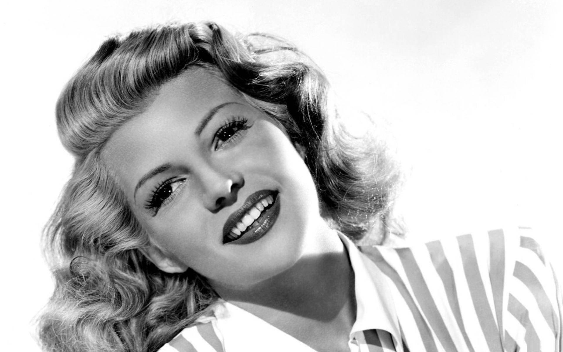 Rita Hayworth, monochrome portrait, voluminous curls, Full HD Desktop Wallpaper