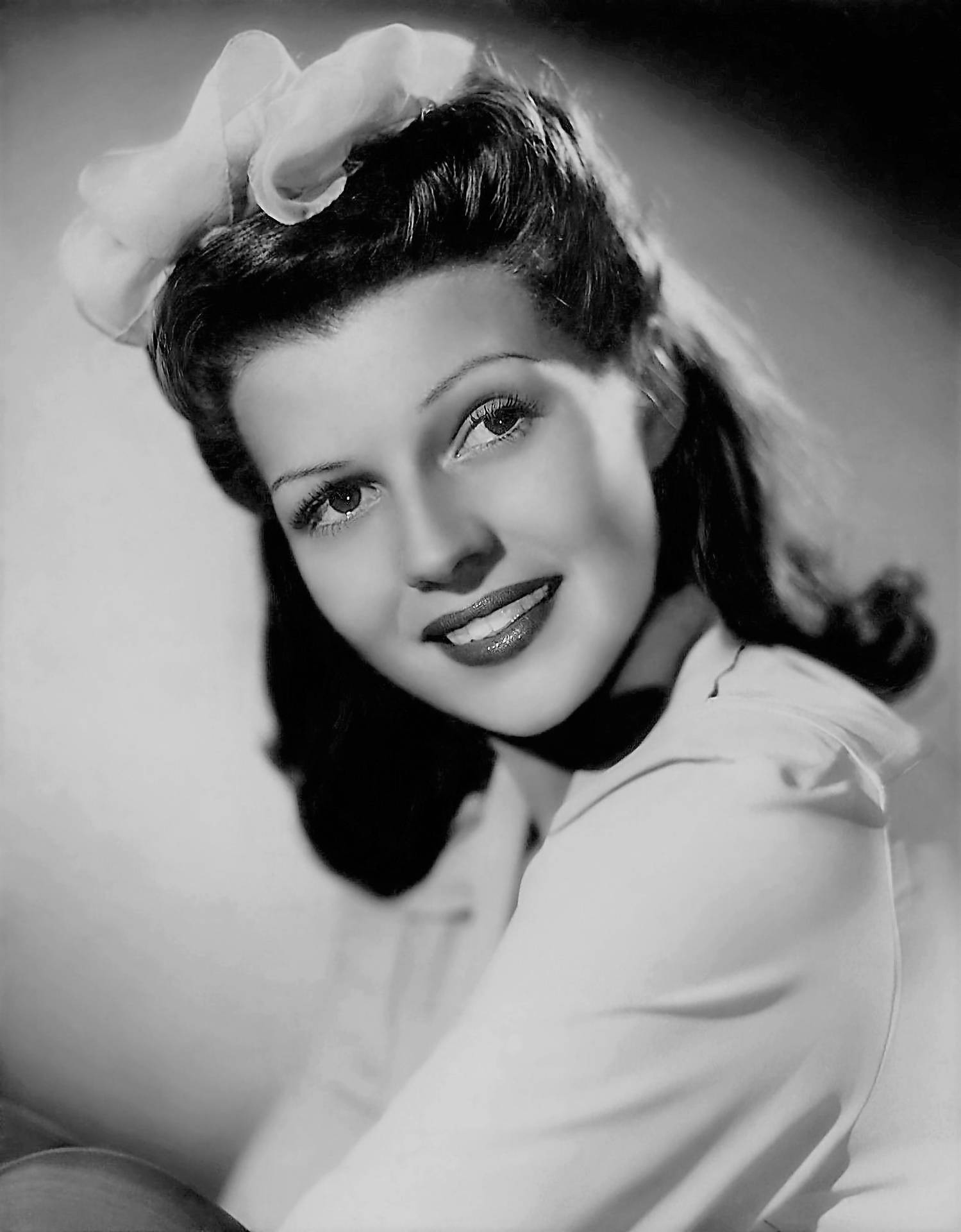 Rita Hayworth, white headpiece, large bow, Full HD Phone Wallpaper