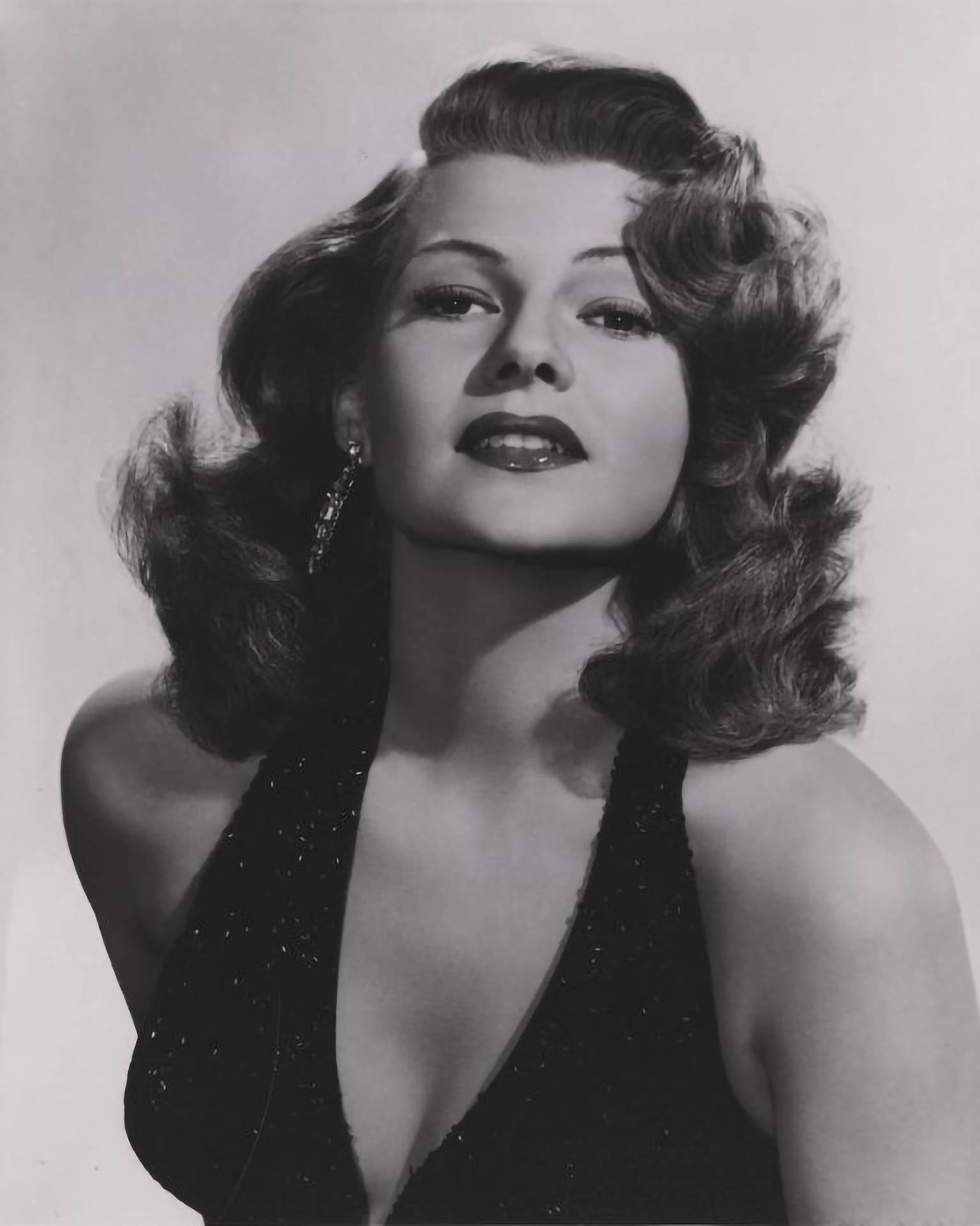 Rita Hayworth, sparkling halter dress, voluminous curls, Full HD Phone Wallpaper