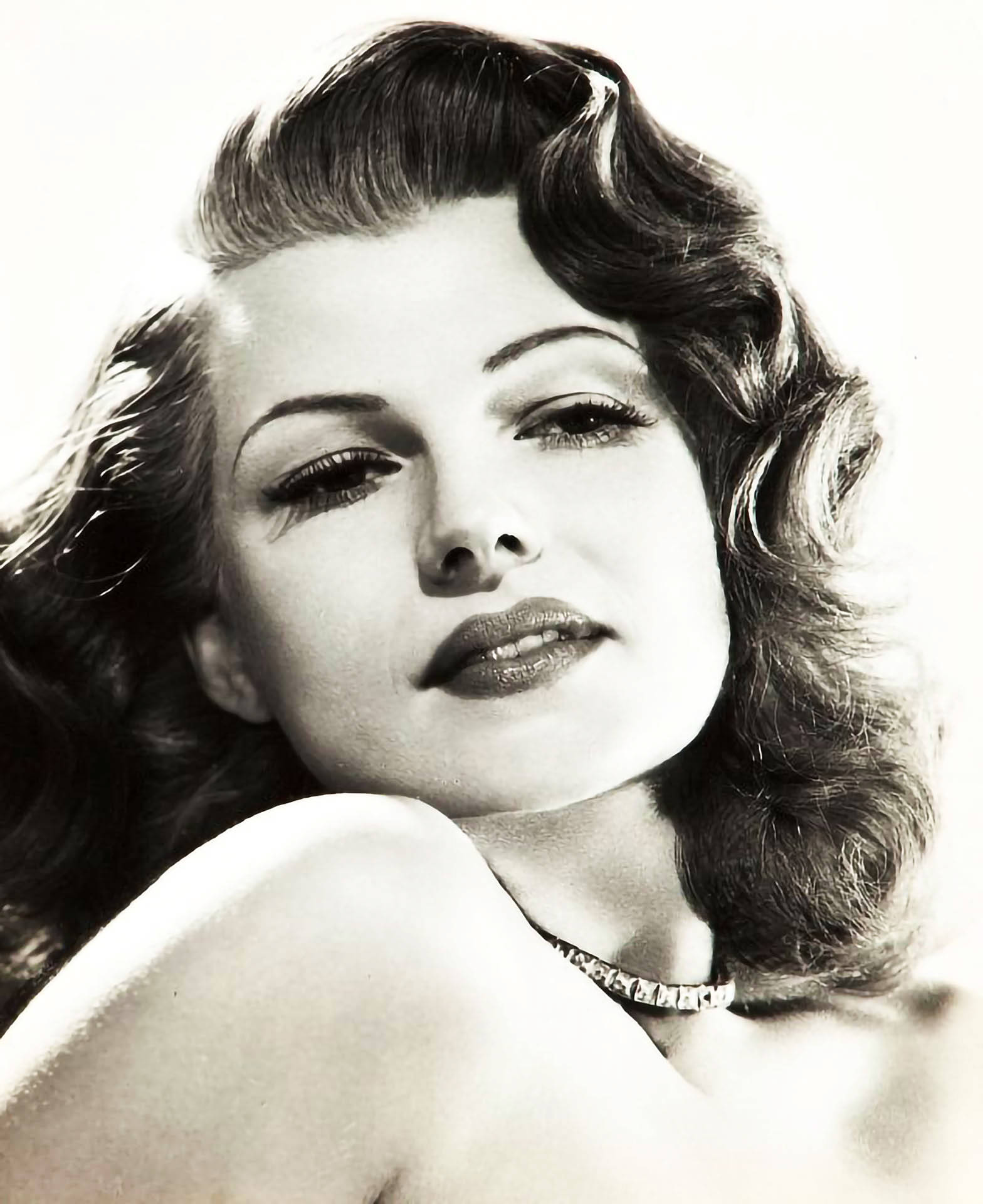Rita Hayworth, voluminous curls, bold makeup, Full HD Phone Wallpaper