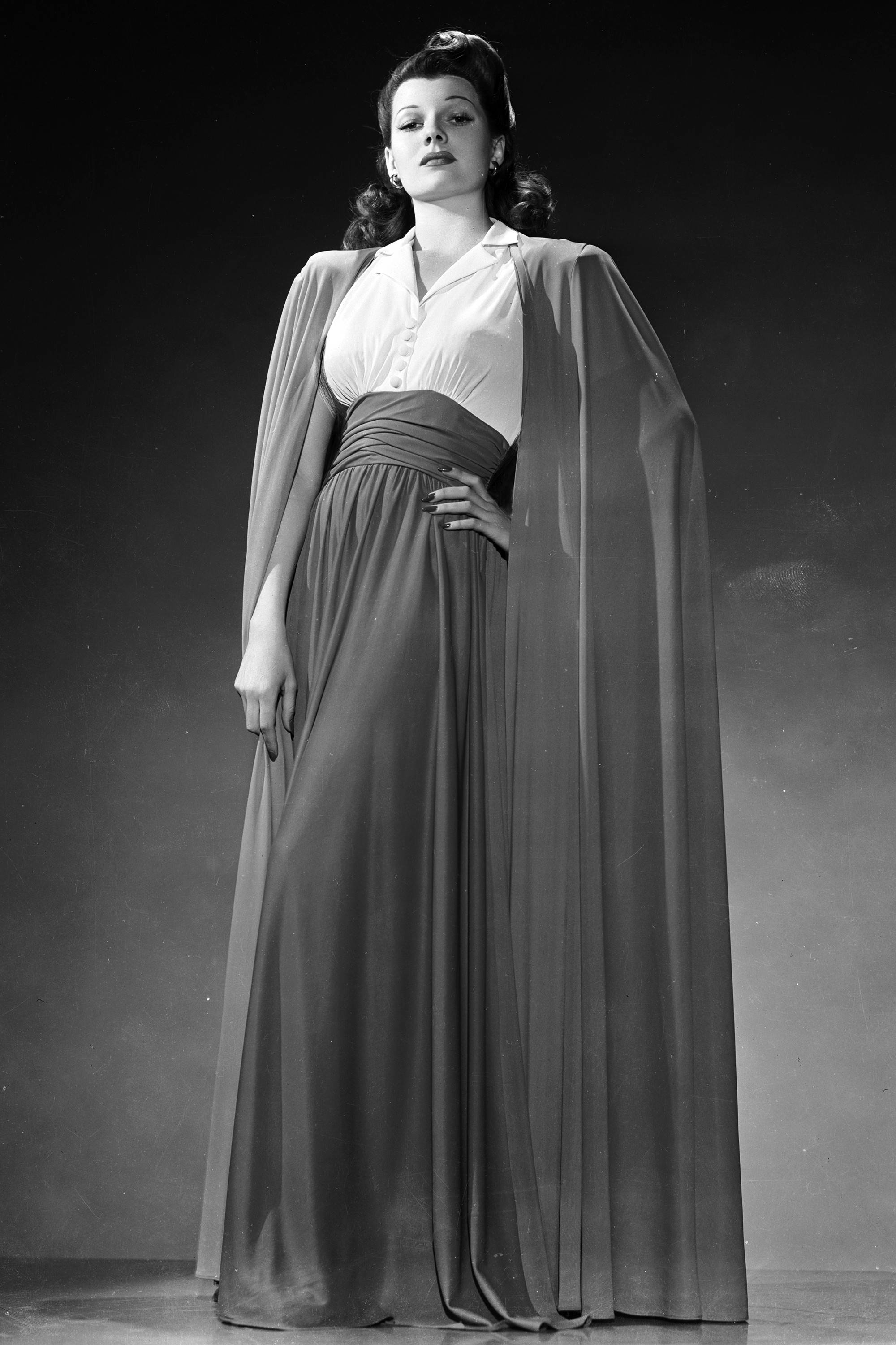 Rita Hayworth, shoulder cape dress, flowing gown, 2K Phone Wallpaper