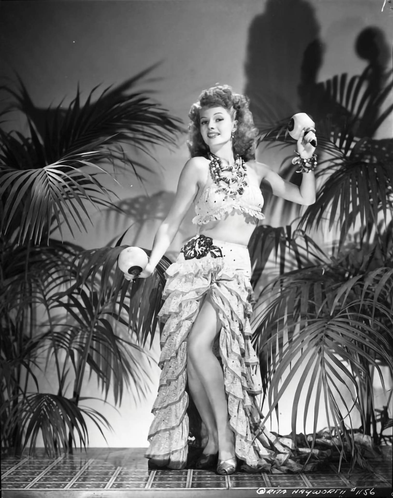 Rita Hayworth, fringed tropical costume, coconut props, Full HD Phone Wallpaper