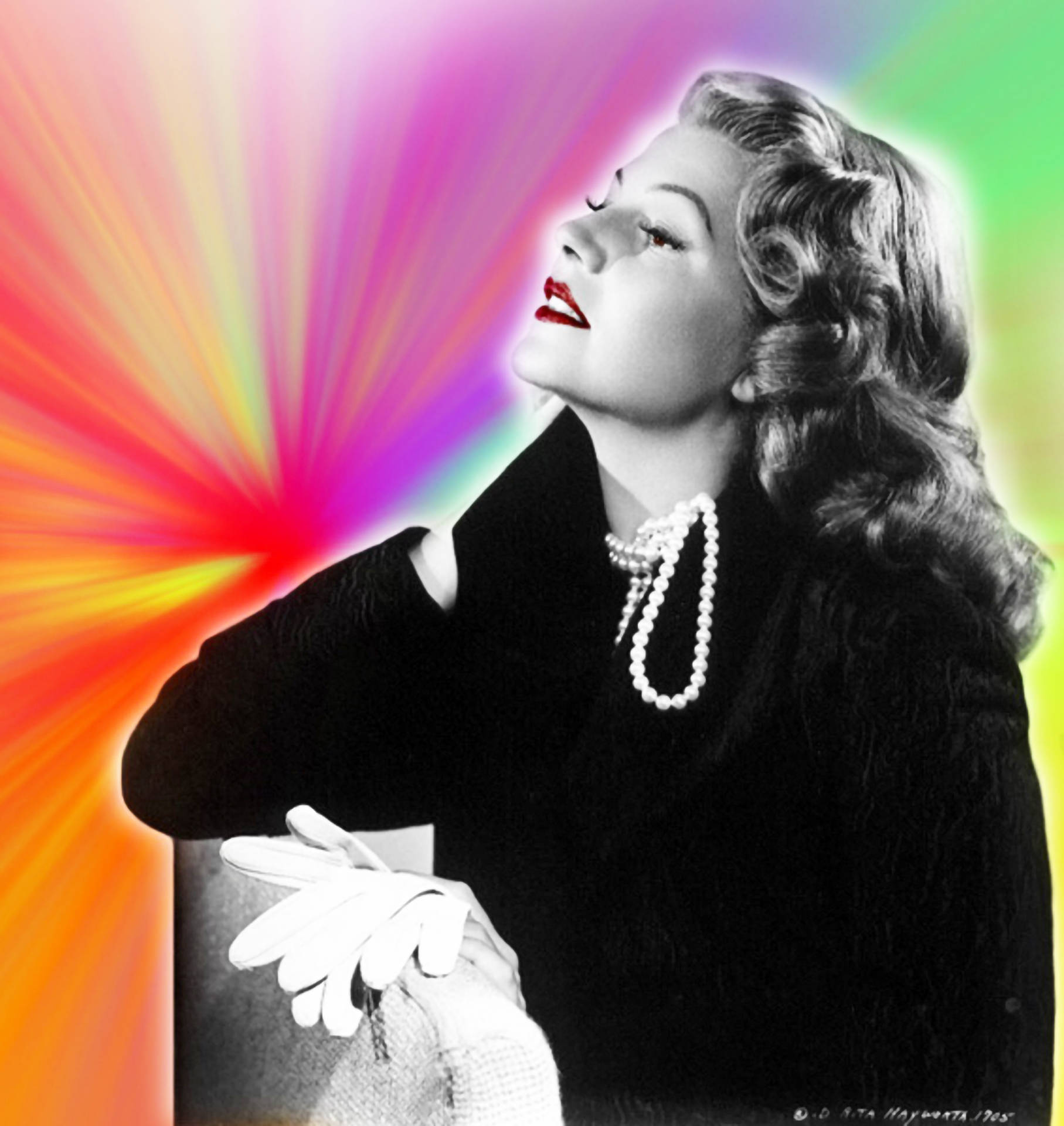 Rita Hayworth, rainbow burst background, black and white, Full HD Phone Wallpaper