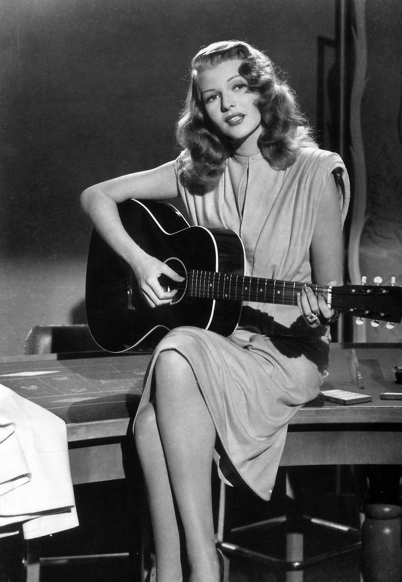 Rita Hayworth, acoustic guitar, draped dress, Full HD Phone Wallpaper