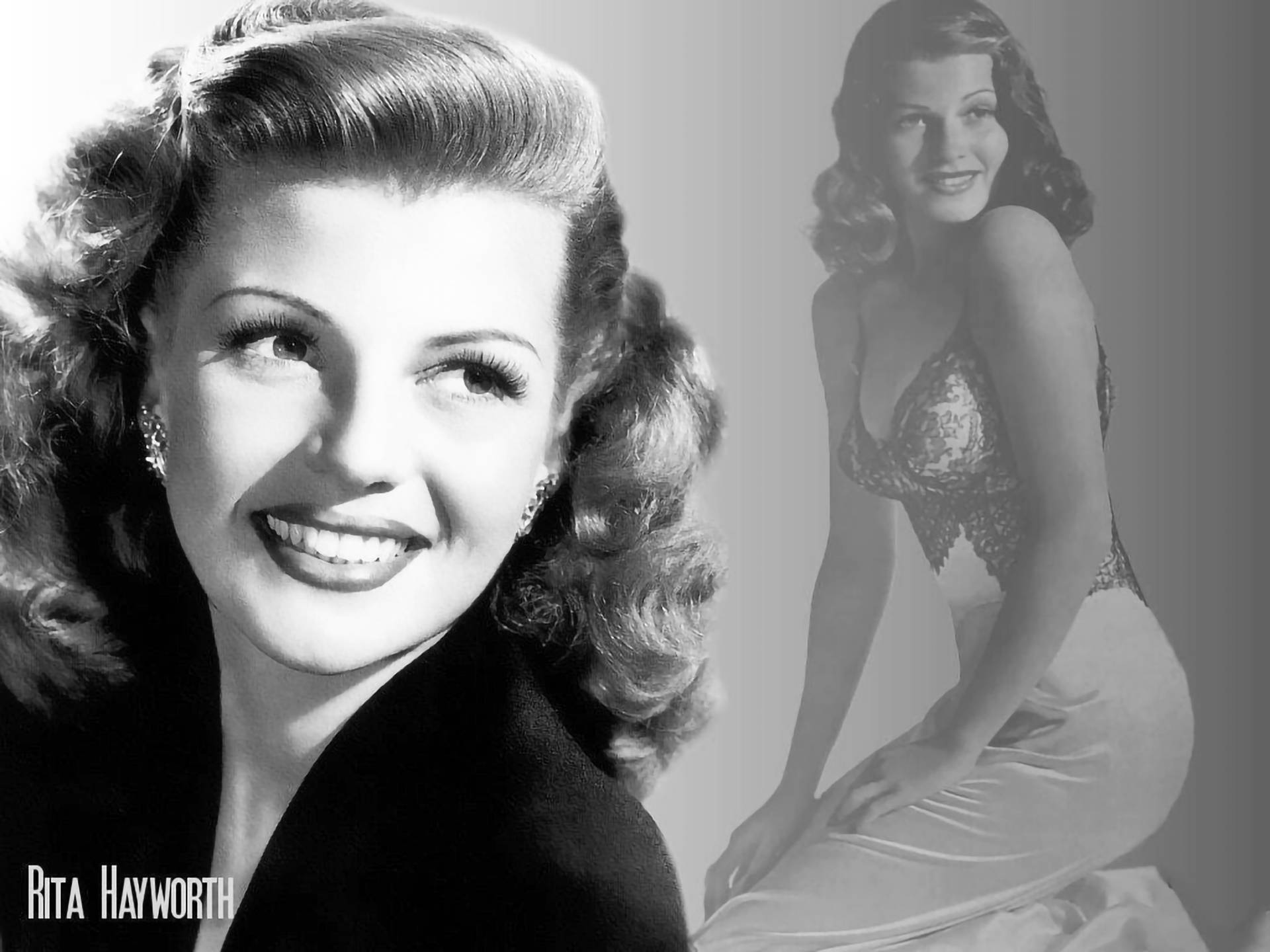 Rita Hayworth, black and white portrait, close-up, Full HD Desktop Wallpaper