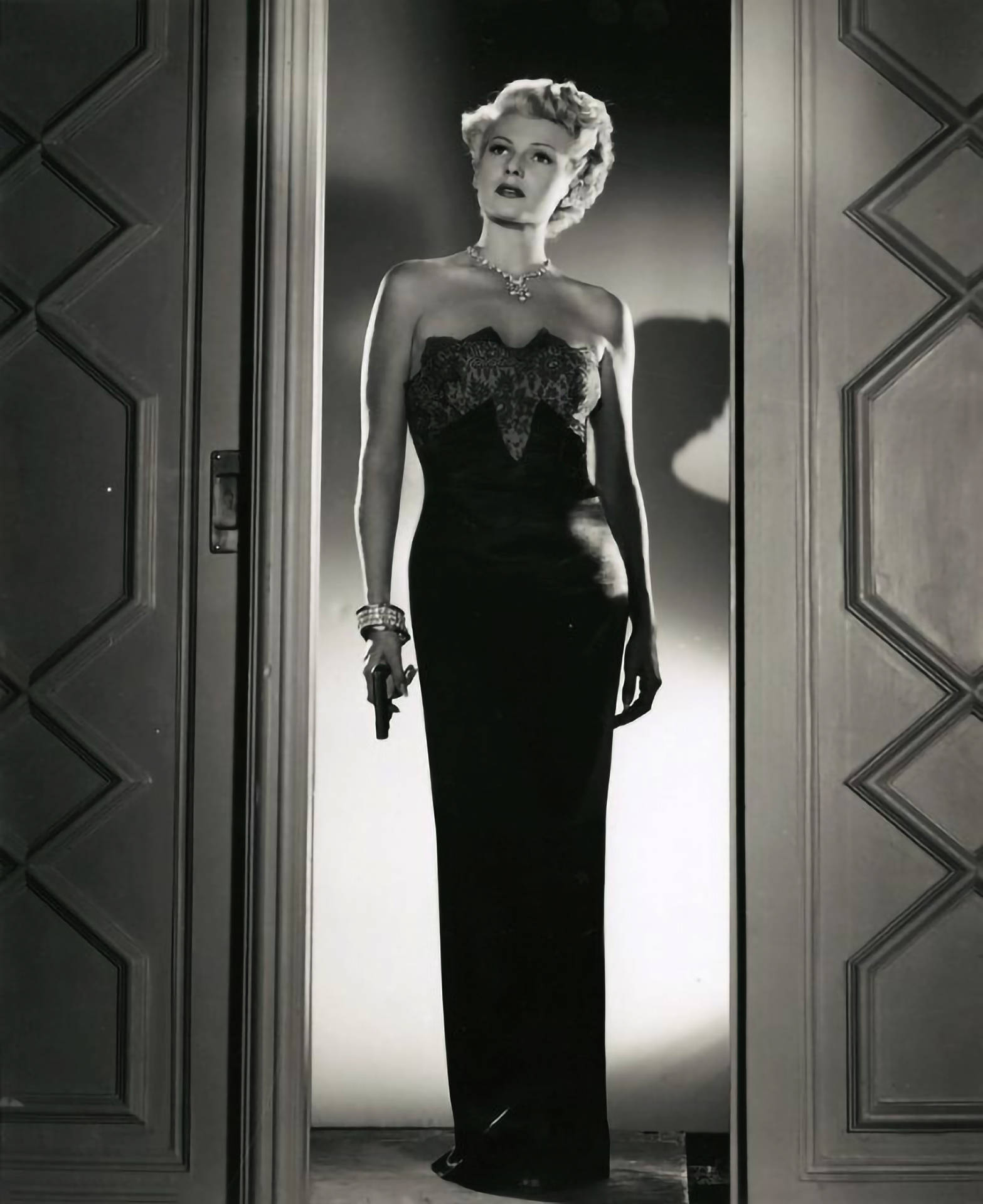 Rita Hayworth, black lace gown, pistol, Full HD Phone Wallpaper