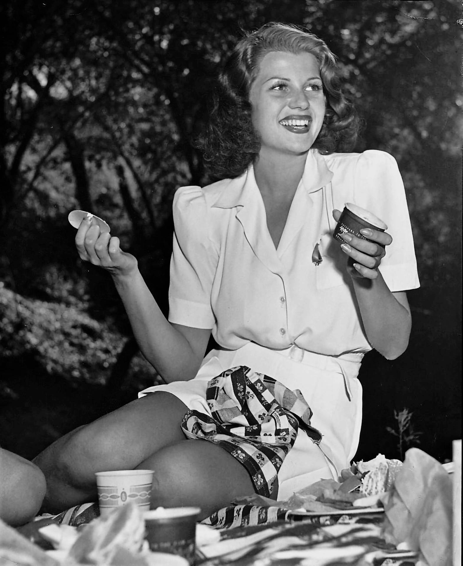 Rita Hayworth, white dress, ice cream, Full HD Phone Wallpaper