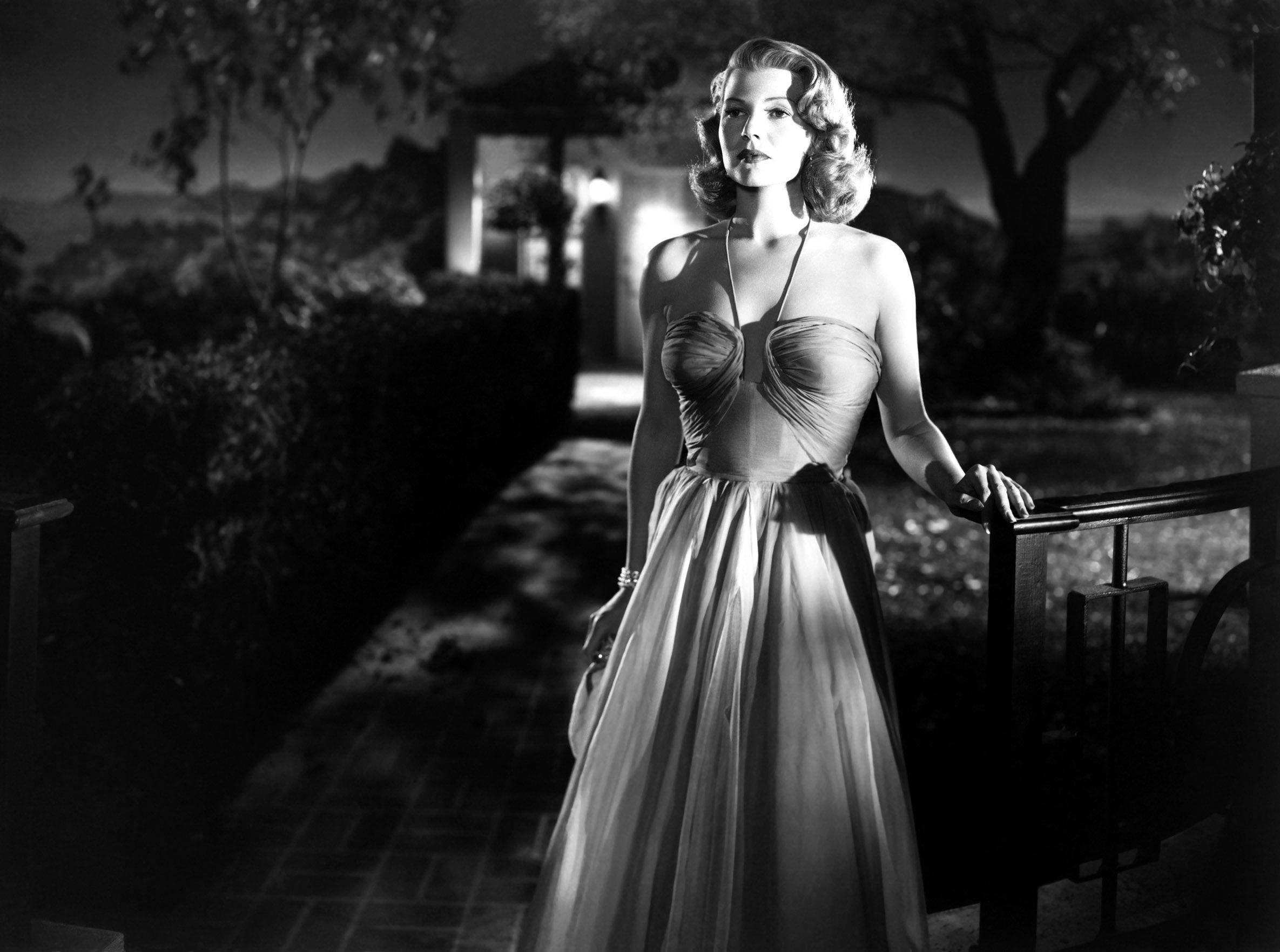 Rita Hayworth, strapless gown, nighttime balcony, Full HD Desktop Wallpaper