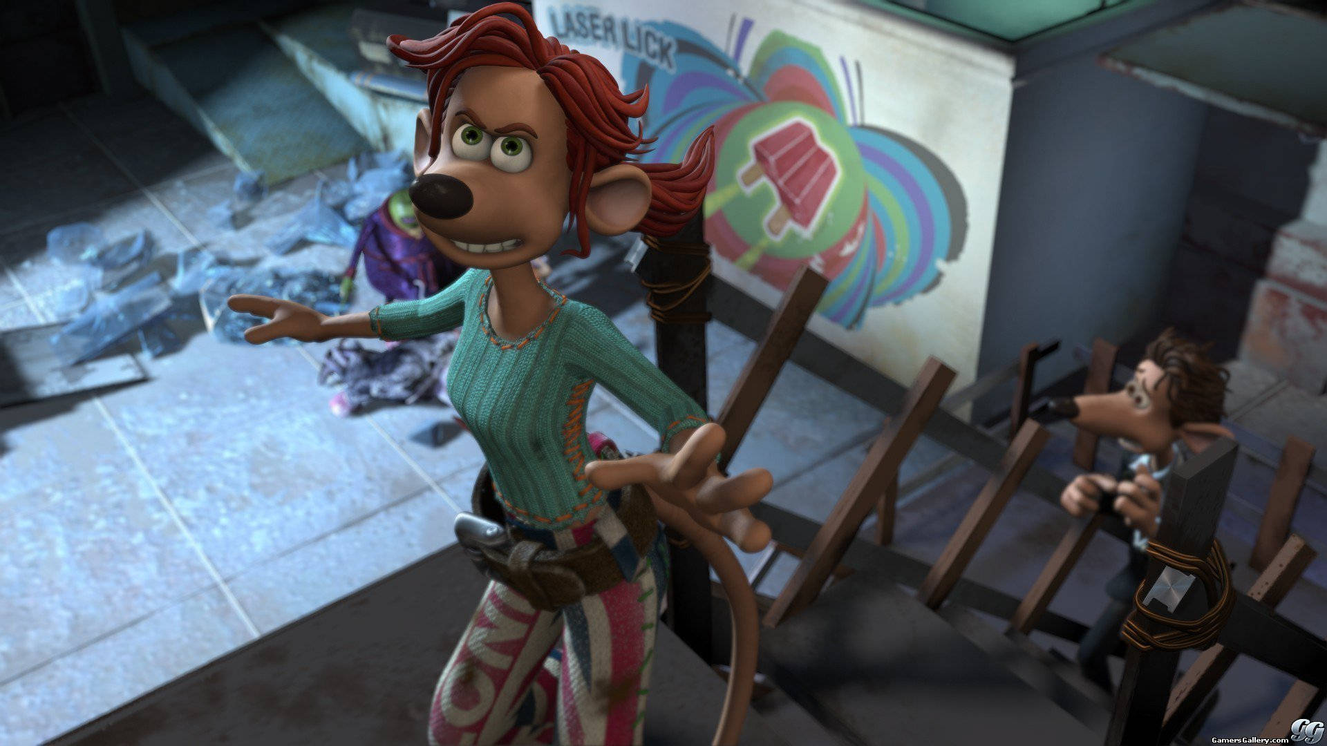 Rita, red-haired animated mouse, teal shirt, Full HD Desktop Wallpaper