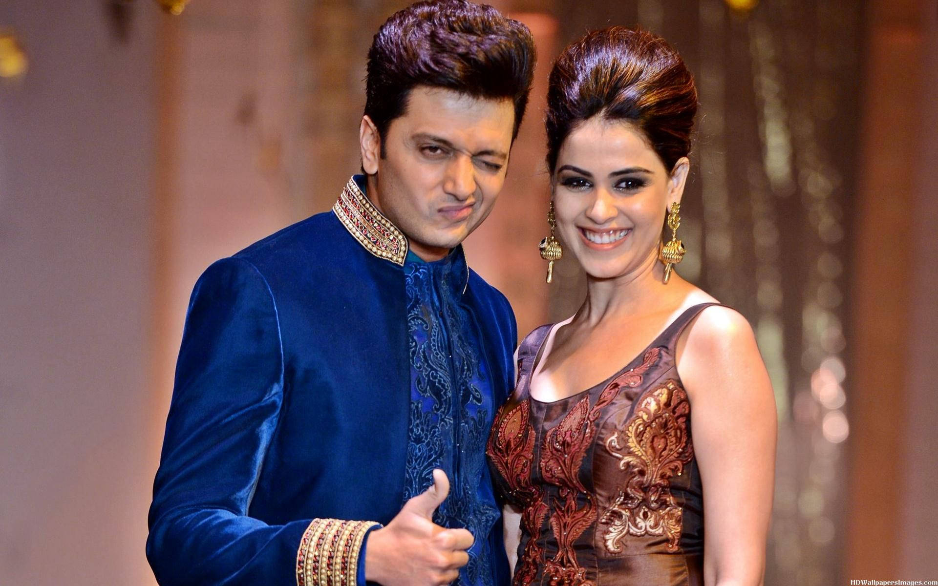 royal blue velvet sherwani, brown embroidered gown, glamorous event, Full HD Desktop Wallpaper