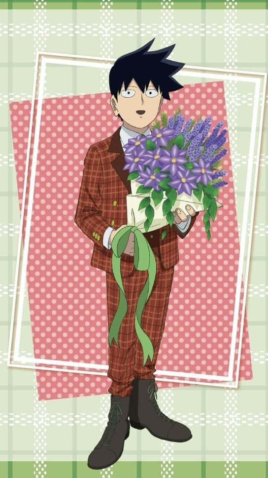 Ritsu Kageyama, red plaid suit, purple flower bouquet, SD Phone Wallpaper