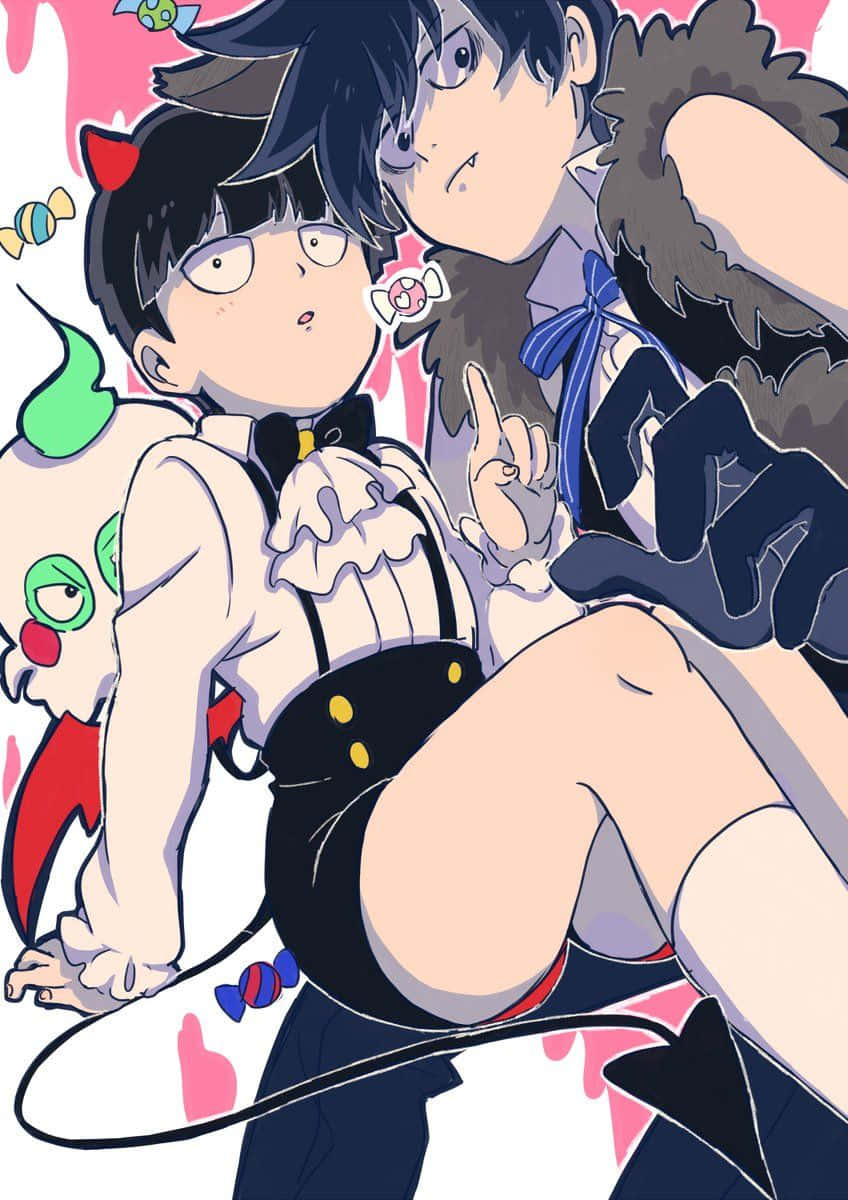 Ritsu Kageyama, anime characters, candy-themed whimsical elements, SD Phone Wallpaper