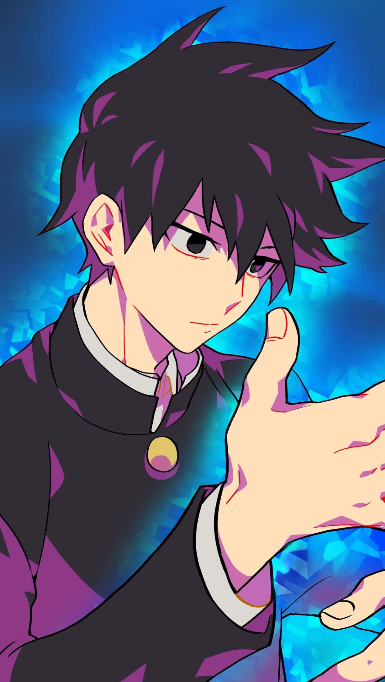Ritsu Kageyama, spiky black and purple hair, vibrant blue crystalline background, Full HD Phone Wallpaper