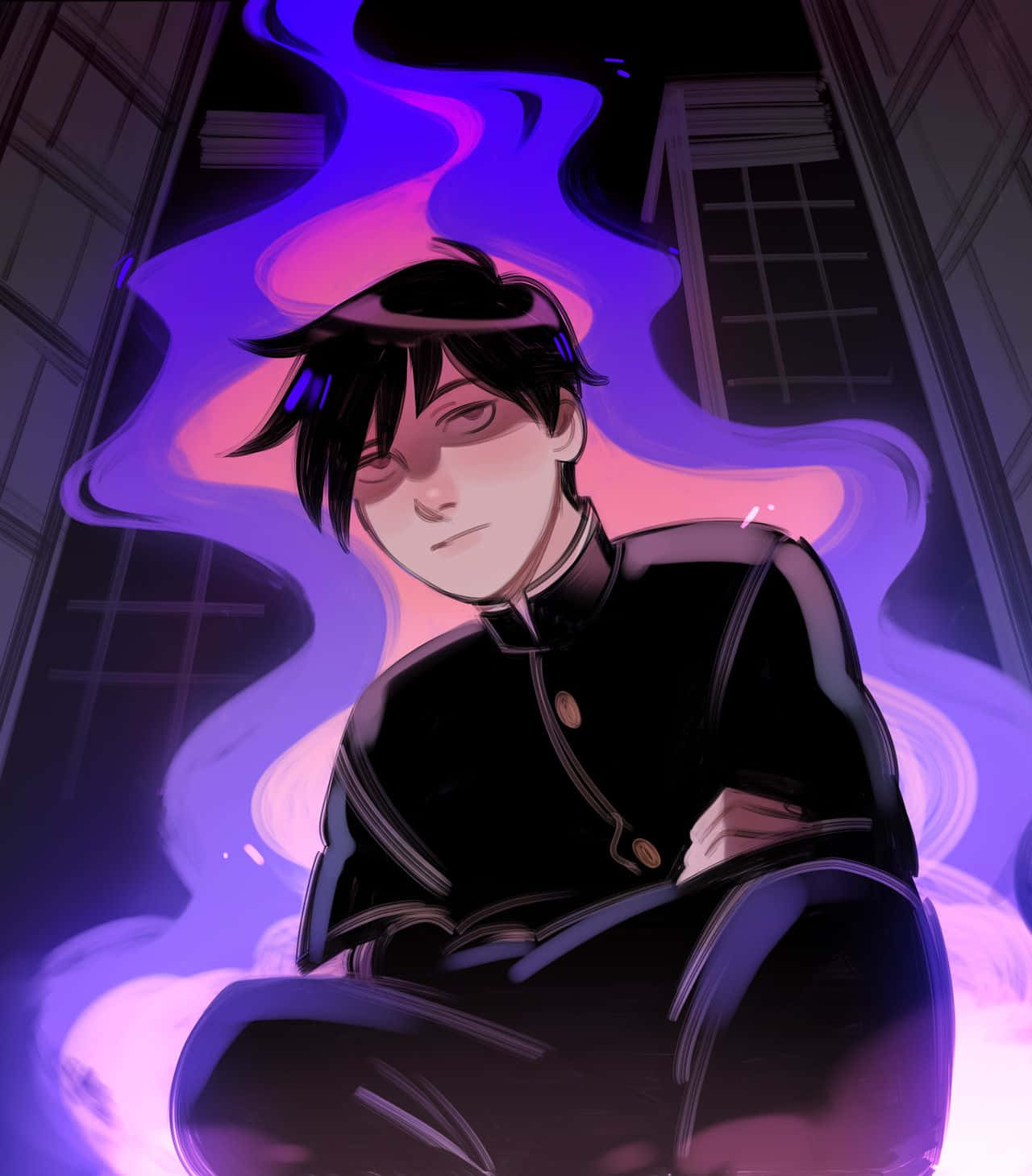 Ritsu Kageyama, black uniform, purple and pink energy, HD Phone Wallpaper