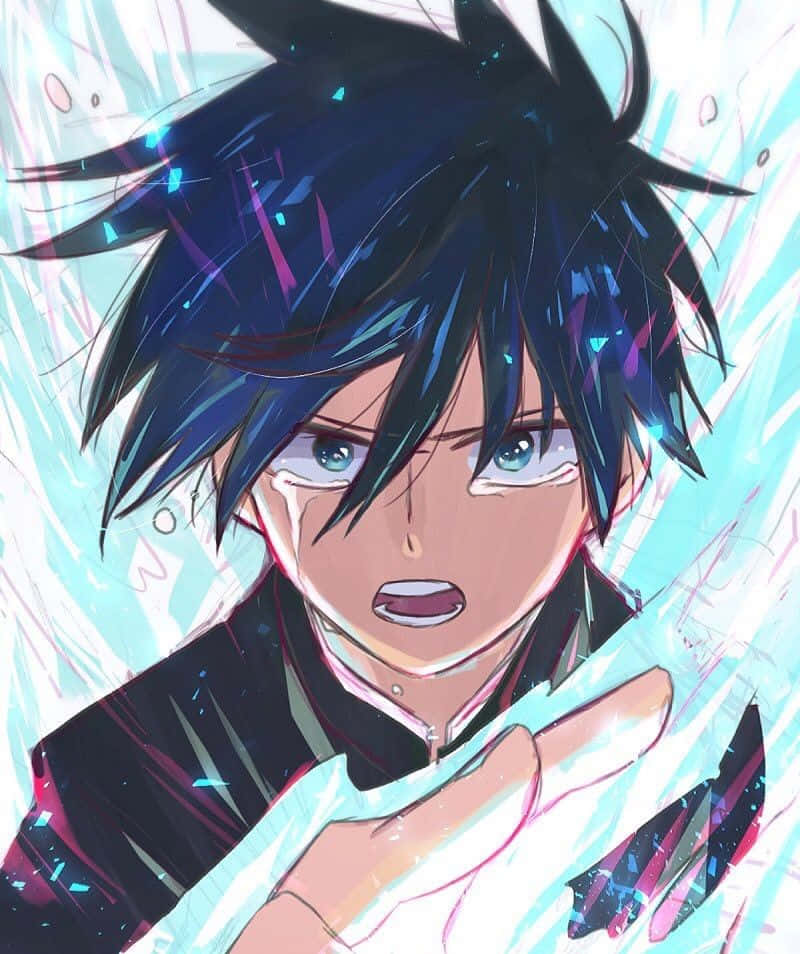 Ritsu Kageyama, spiky blue hair, glowing eyes, SD Phone Wallpaper