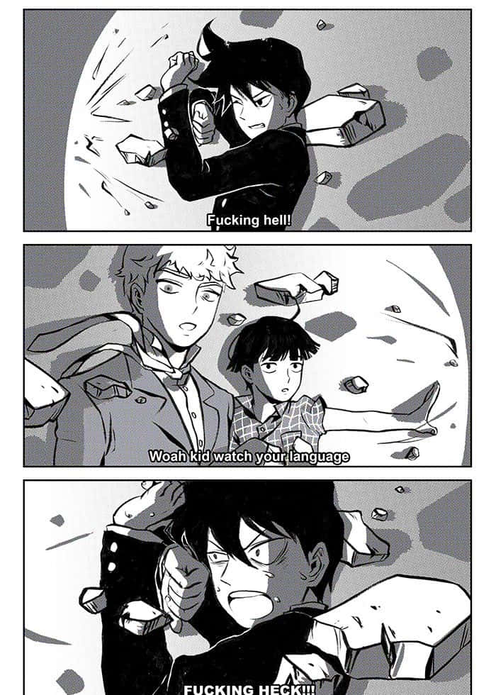 Ritsu Kageyama, black and white manga panel, young man angrily smashing rocks, SD Phone Wallpaper