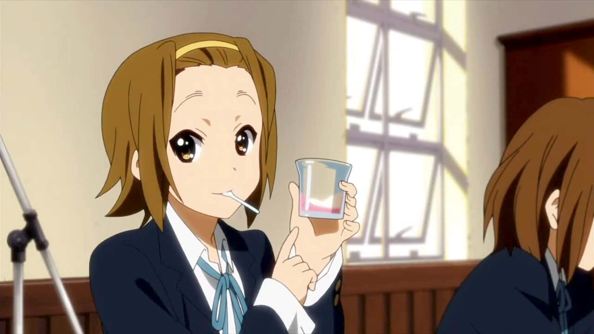 Ritsu Tainaka, school uniform, sips drink through straw, Full HD Desktop Wallpaper