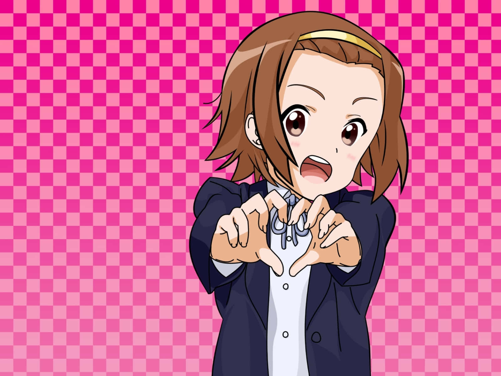 Ritsu Tainaka, school uniform, vibrant pink checkered background, HD Desktop Wallpaper
