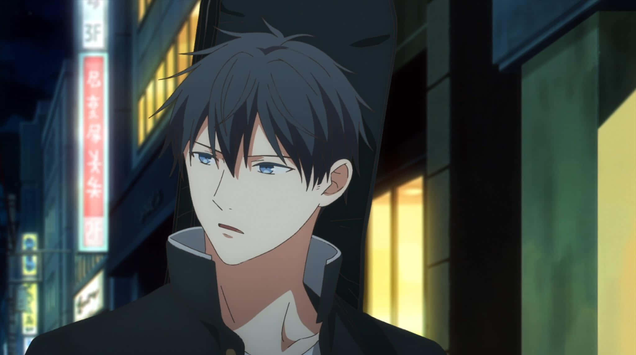 Ritsuka Uenoyama, neon-lit urban alley, night, Full HD Desktop Wallpaper