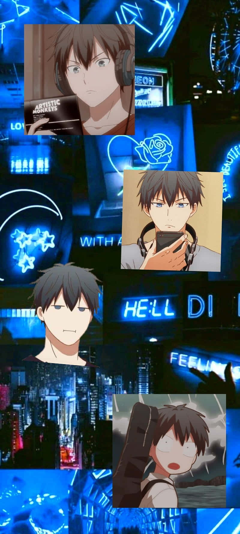 Ritsuka Uenoyama, glowing blue neon cityscape, text, HD Phone Wallpaper