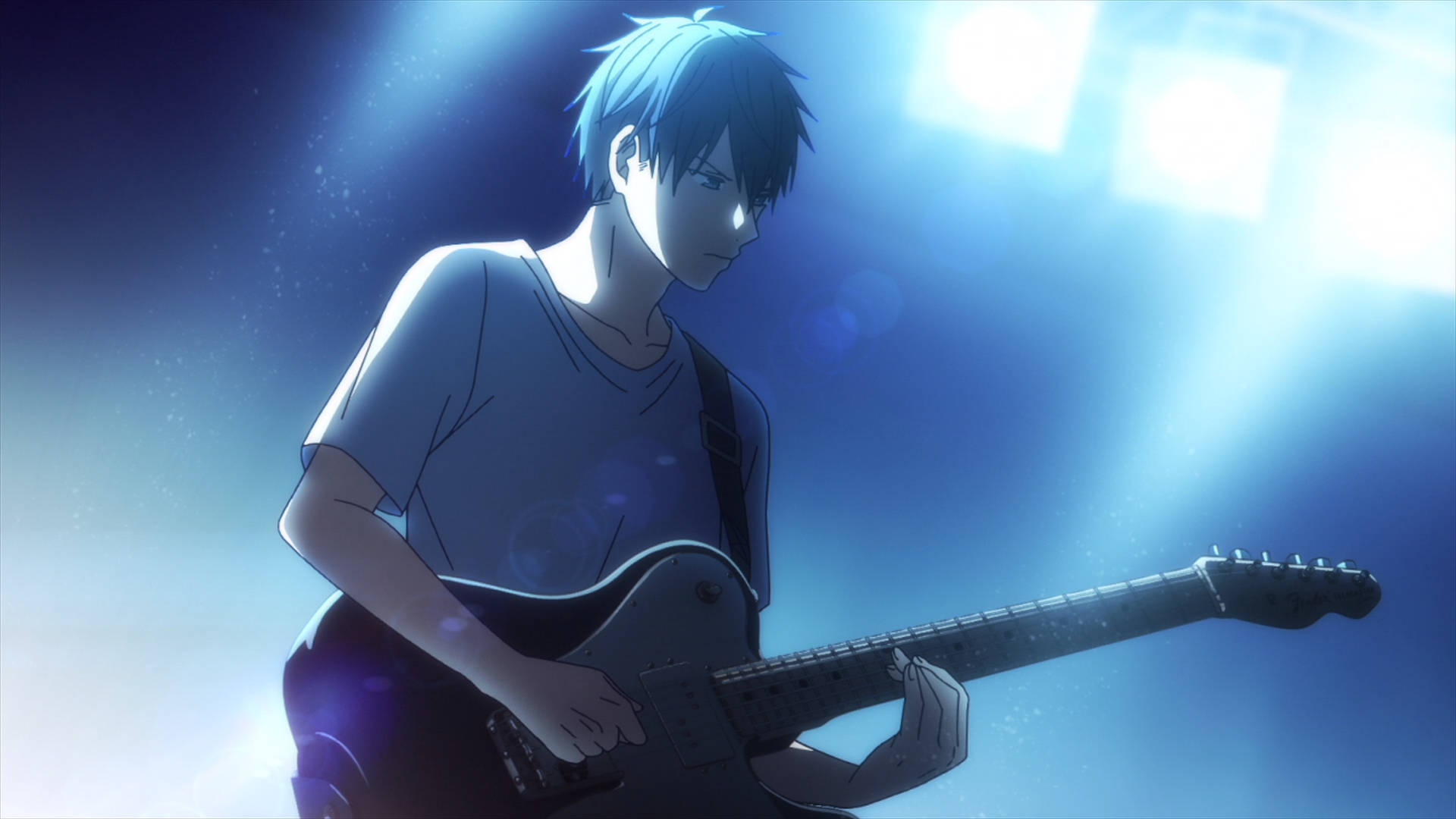 Ritsuka Uenoyama, blue-haired anime guitarist, bright stage lights, Full HD Desktop Wallpaper