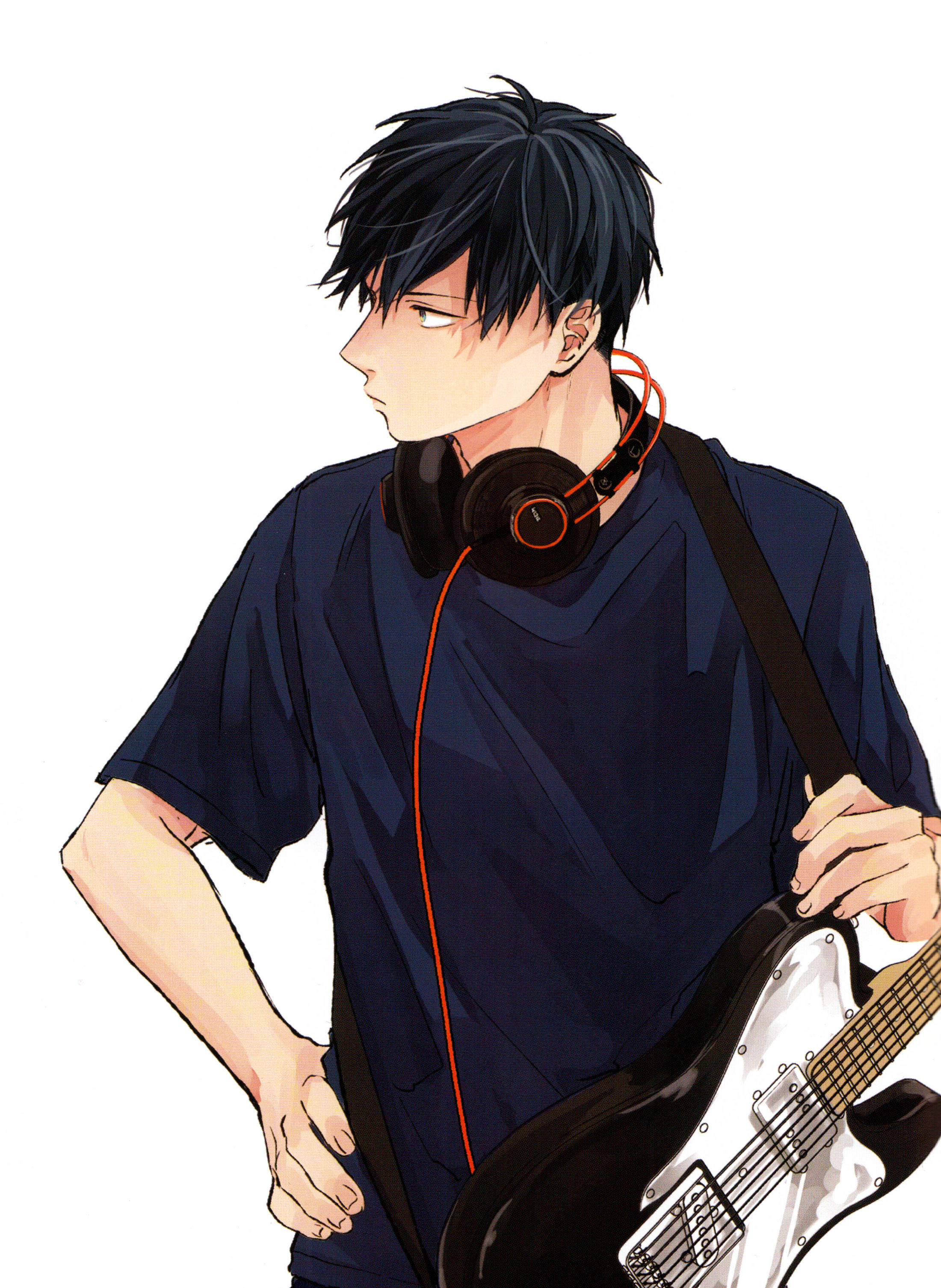 Ritsuka Uenoyama, black and white electric bass guitar, dark hair, 2K Phone Wallpaper