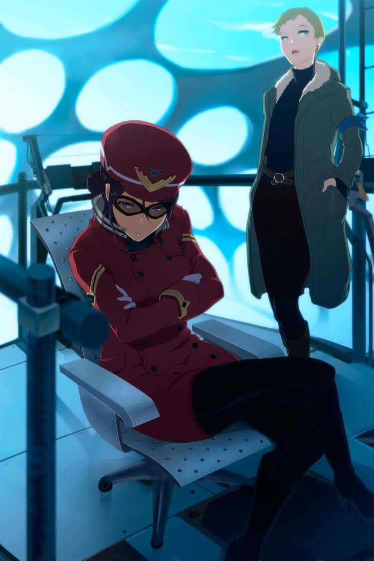 Ritsuko Akagi, red-uniformed anime character, futuristic blue-lit room, SD Phone Wallpaper