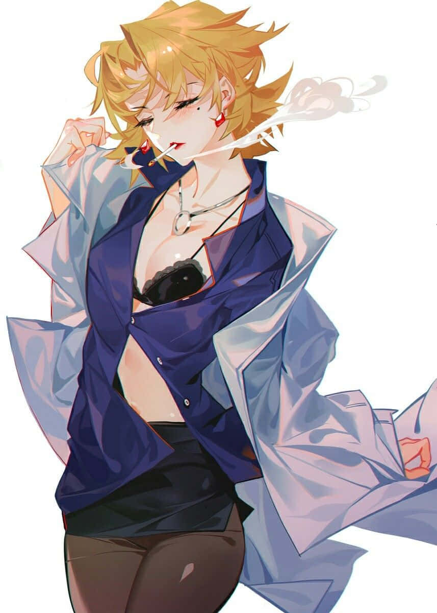Ritsuko Akagi, spiky blonde hair, blue open shirt, SD Phone Wallpaper