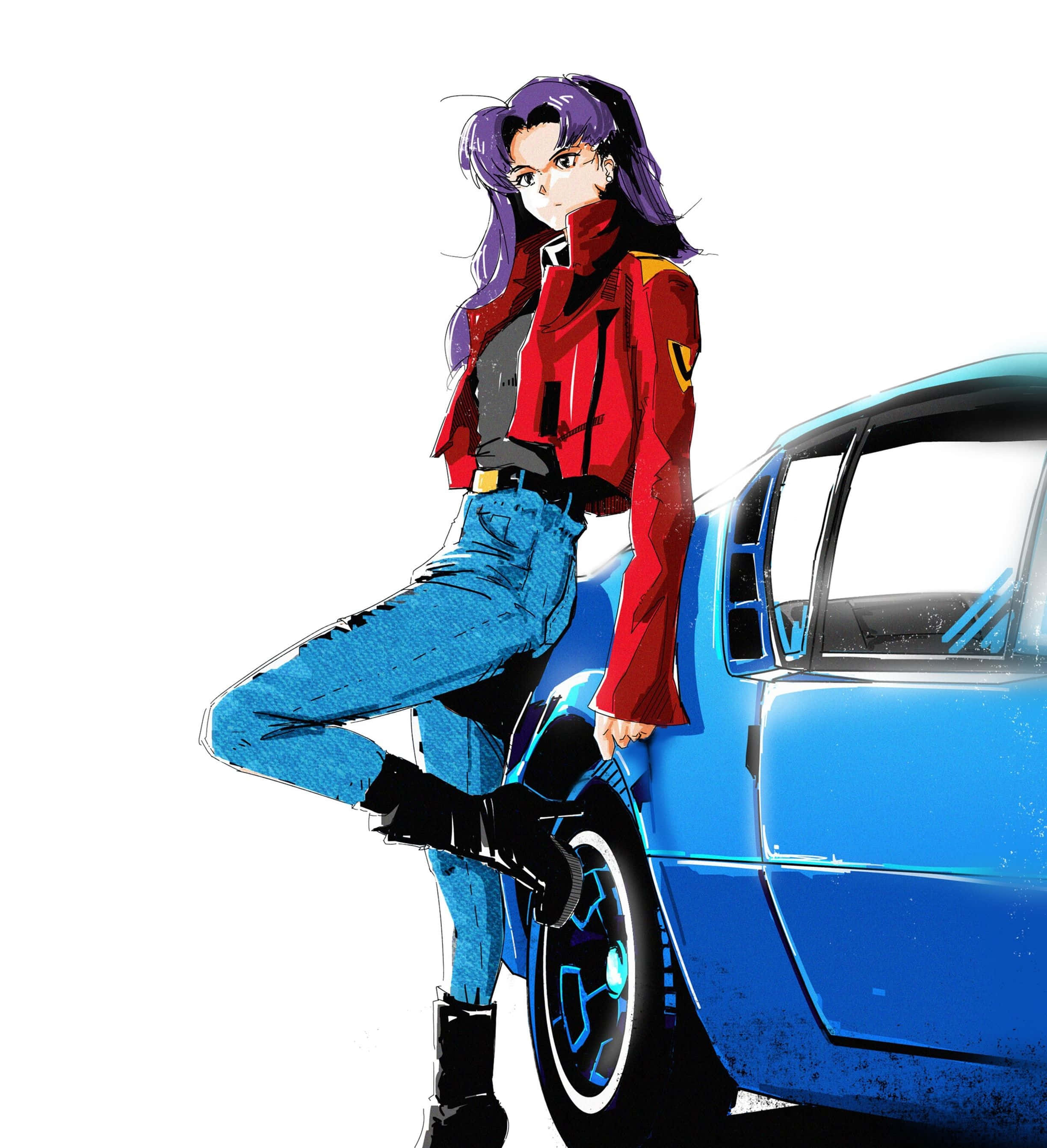 Ritsuko Akagi, purple-haired, red jacket, 2K Phone Wallpaper