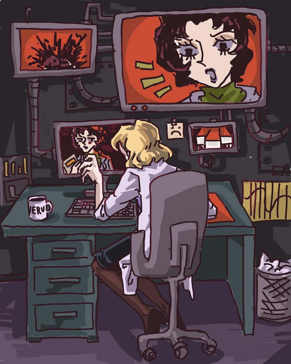 Ritsuko Akagi, white lab coat, cluttered desk, SD Phone Wallpaper