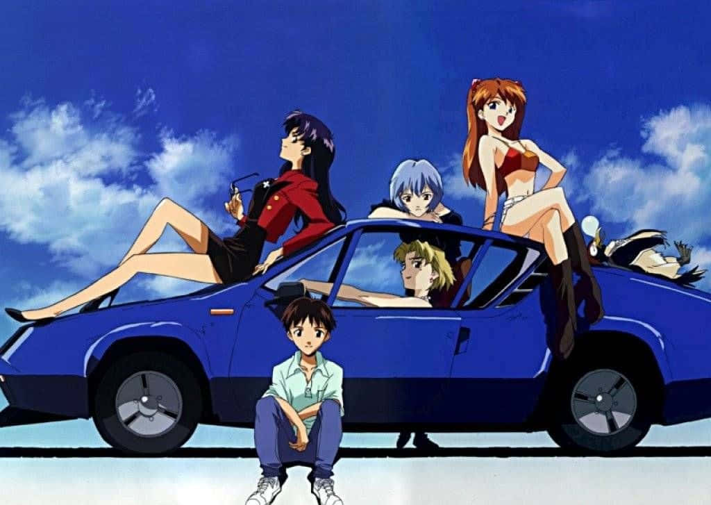 Ritsuko Akagi, blue sports car, bright blue sky, SD Desktop Wallpaper