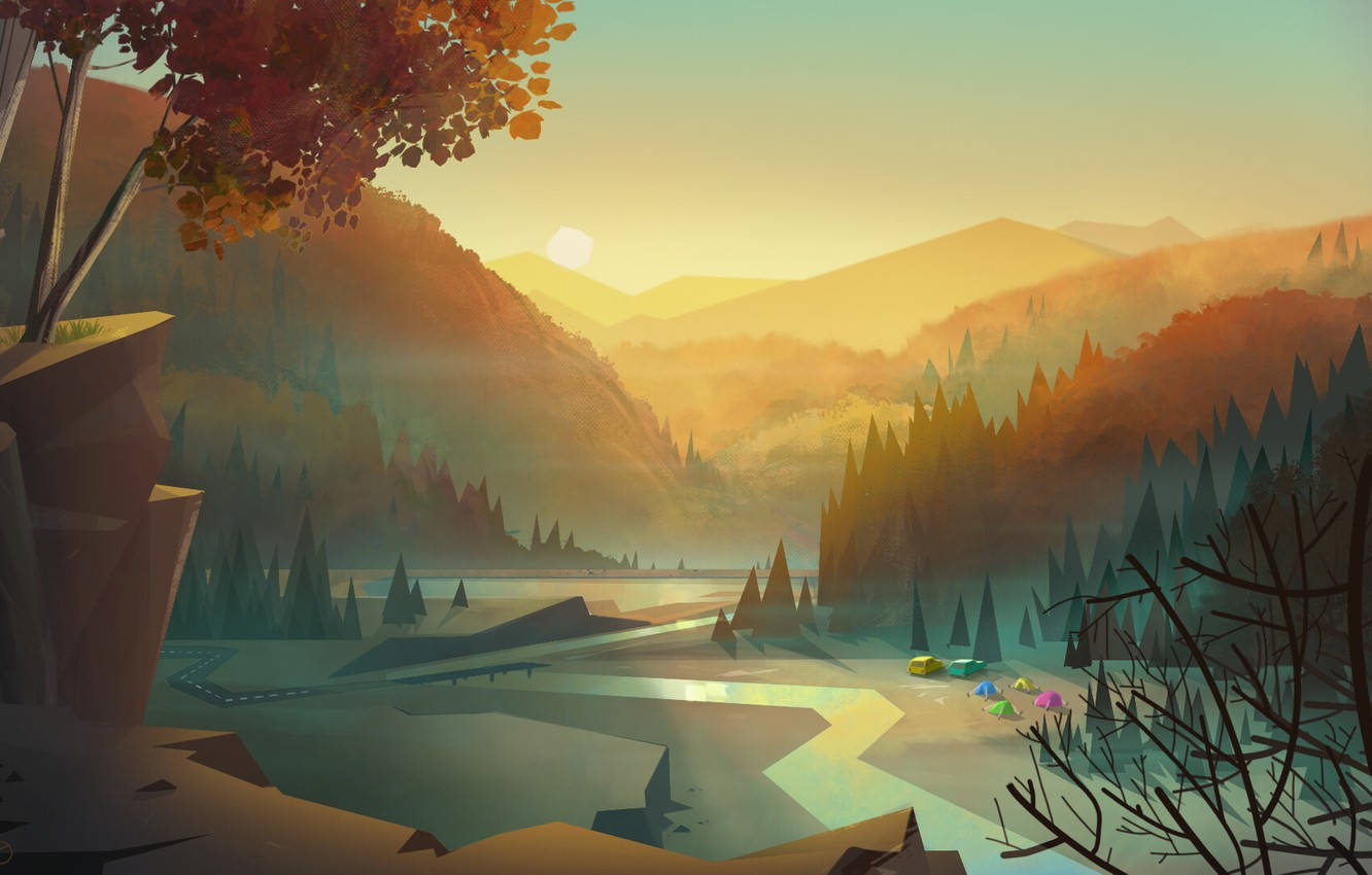 vector art, sunset, river view, HD Desktop Wallpaper