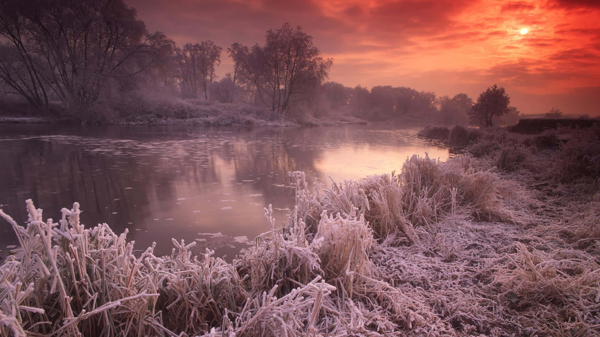 Tremendous Sunset River View, fiery orange sunrise, misty river, Full HD Desktop Wallpaper