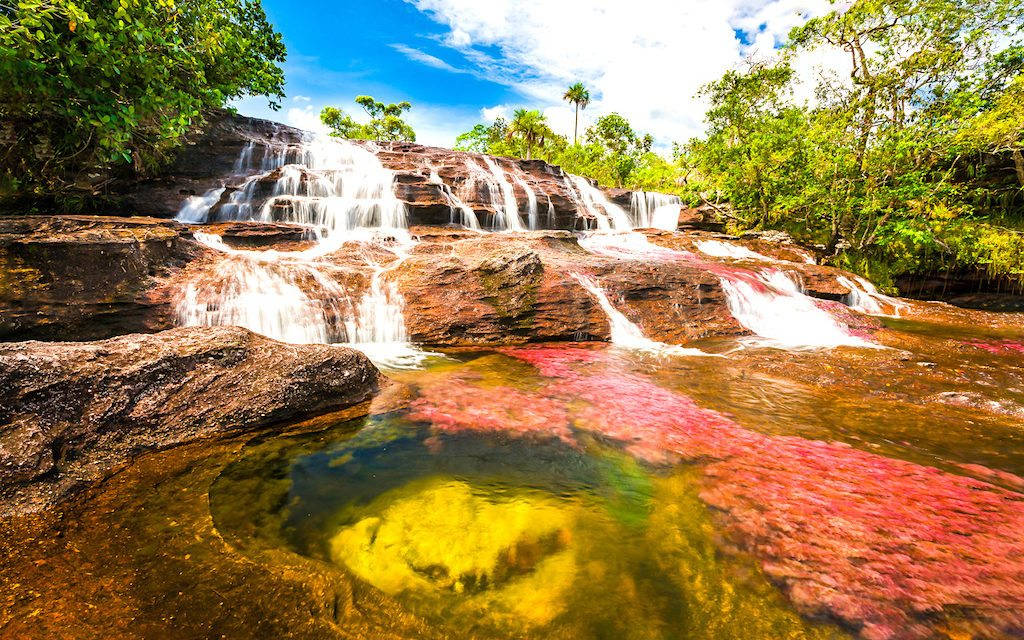 waterfall, river view, pink and yellow hues, SD Desktop Wallpaper