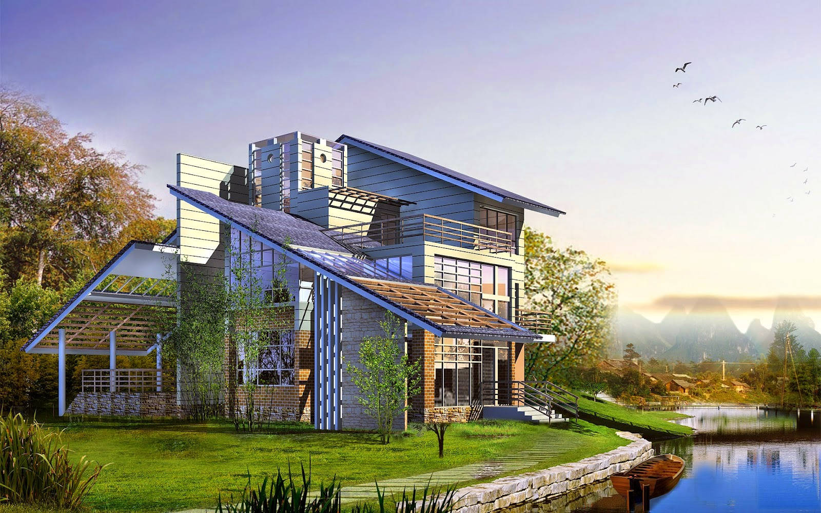 modern house, riverside, solar panels, HD Desktop Wallpaper