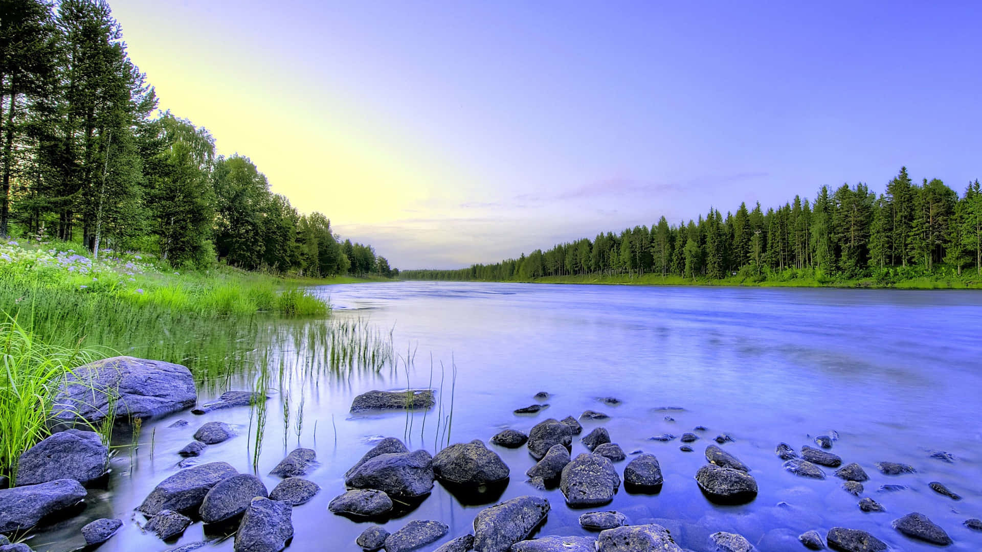 Calming Desktop River, serene river, dark rocks, Full HD Desktop Wallpaper