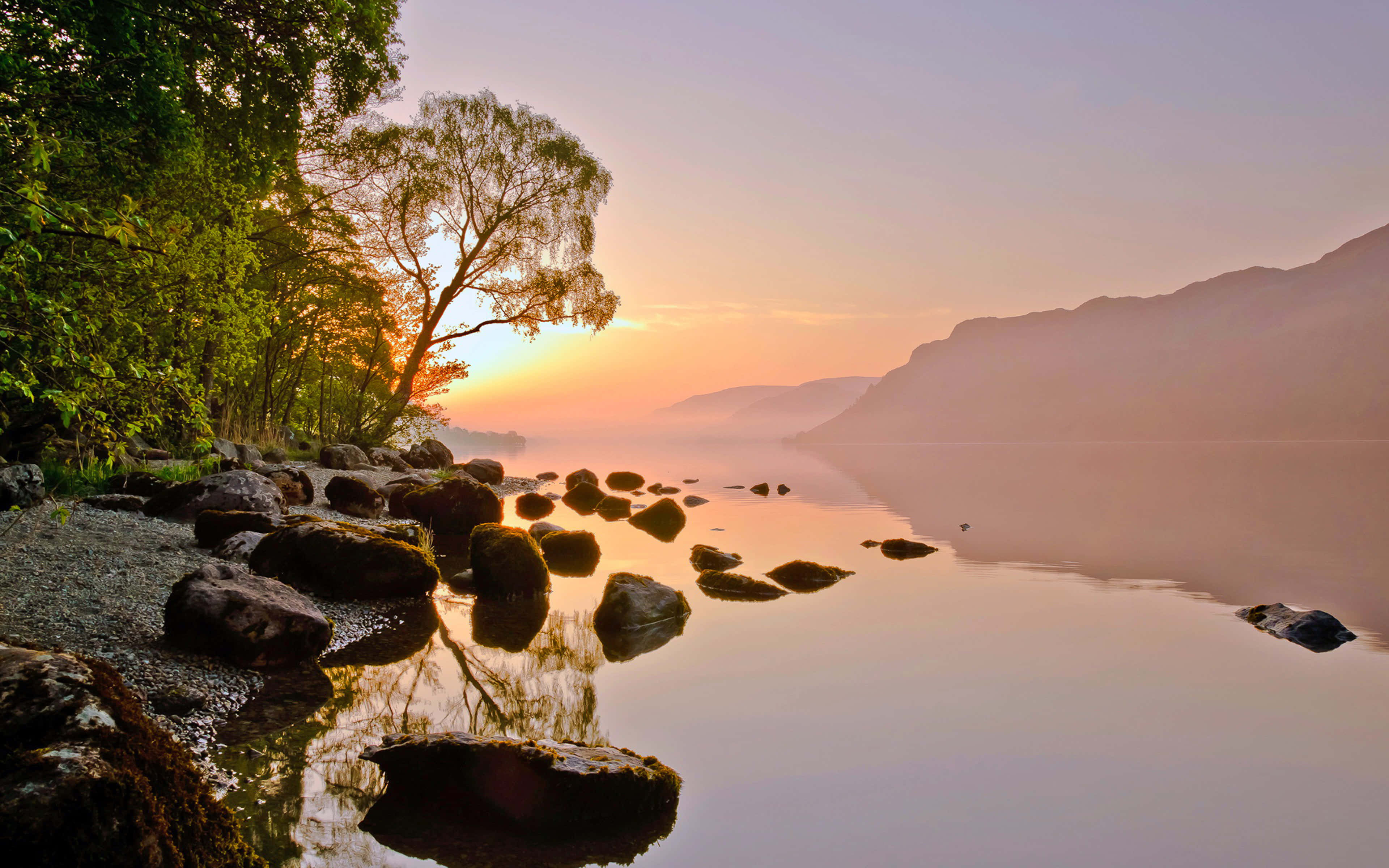 riverside calms, sunrise, misty lake, 4K Desktop Wallpaper