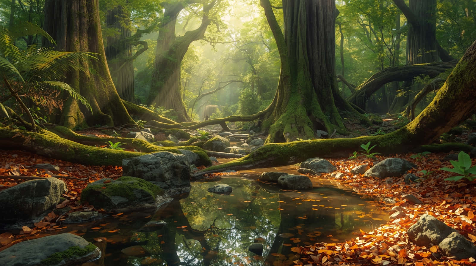 deep jungle river, ancient mossy trees, golden beams, HD Desktop Wallpaper