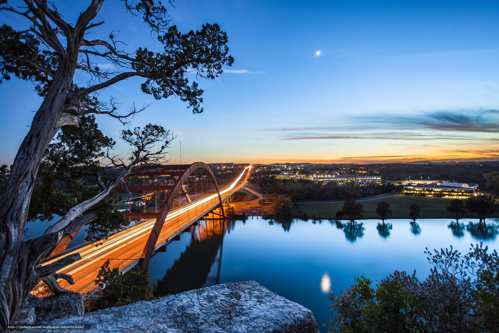 glowing arched bridge, calm river, twilight, HD Desktop Wallpaper