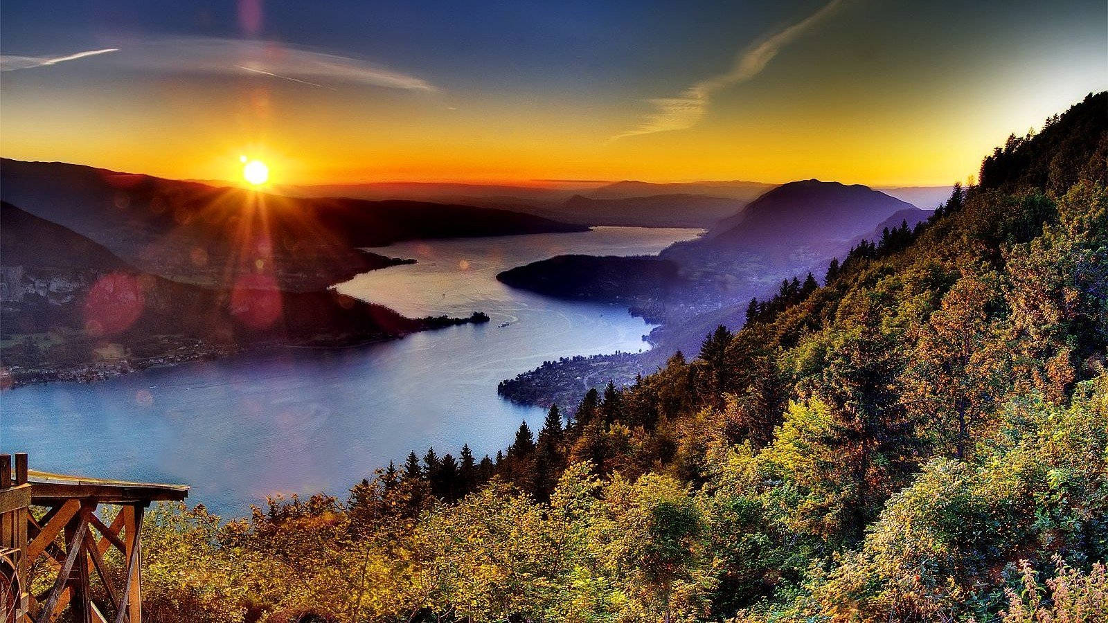 Sunset, winding lake, forested hills, HD Desktop Wallpaper