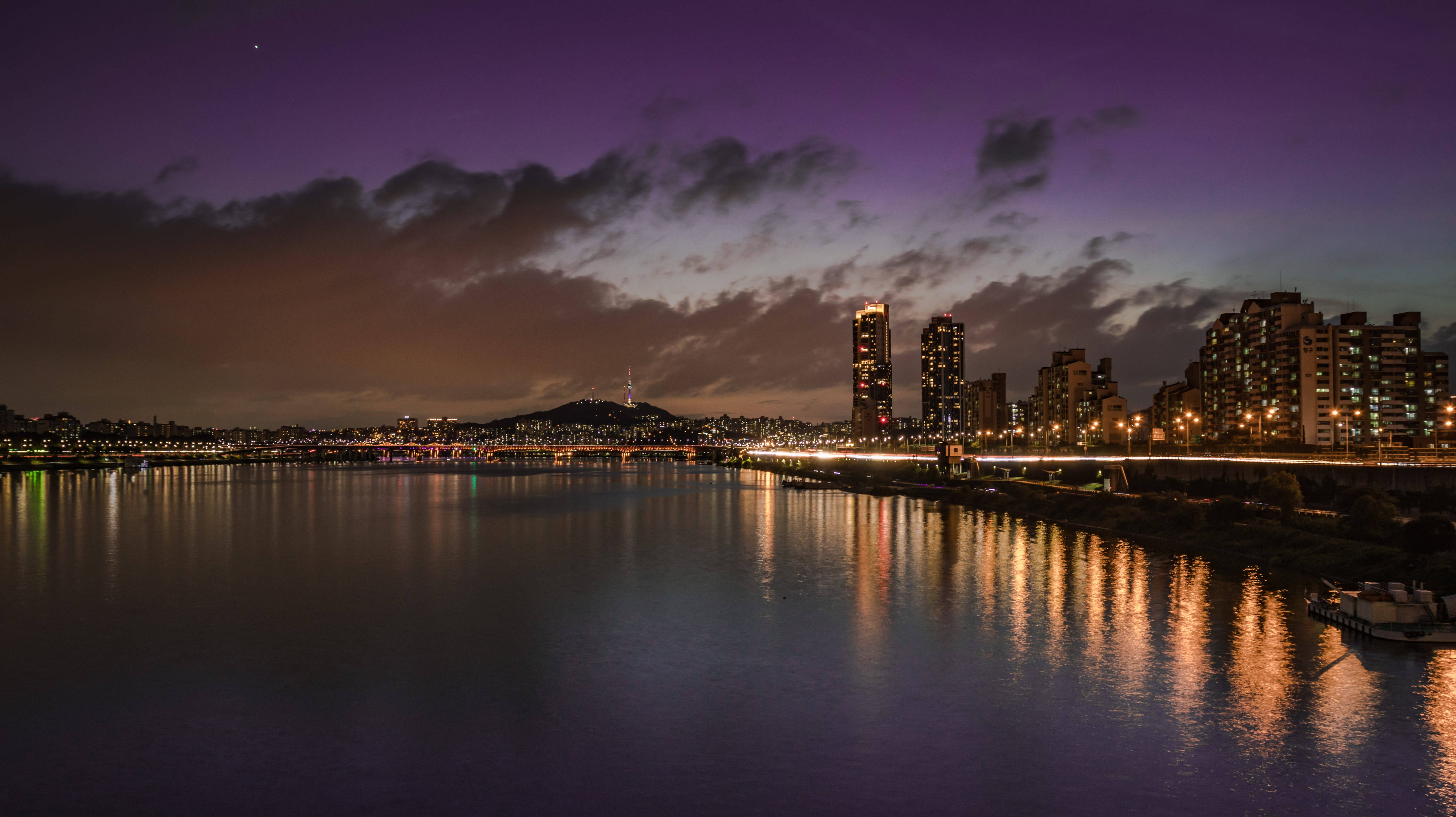 Purple Night River View, city skyline, twilight, 5K Desktop Wallpaper